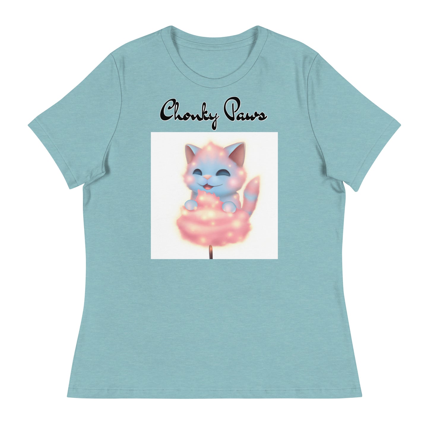 Women's T-Shirt with Kitten Enjoying a Cotton Candy with a text "Chonky Paws" at $25.97 found at Personalizedpetlovergifts