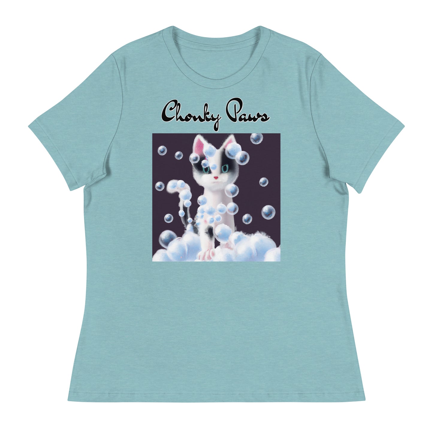 Women's T-Shirt with Kitten Covered In Bubbles with a text "Chonky Paws" at $25.97 found at Personalizedpetlovergifts