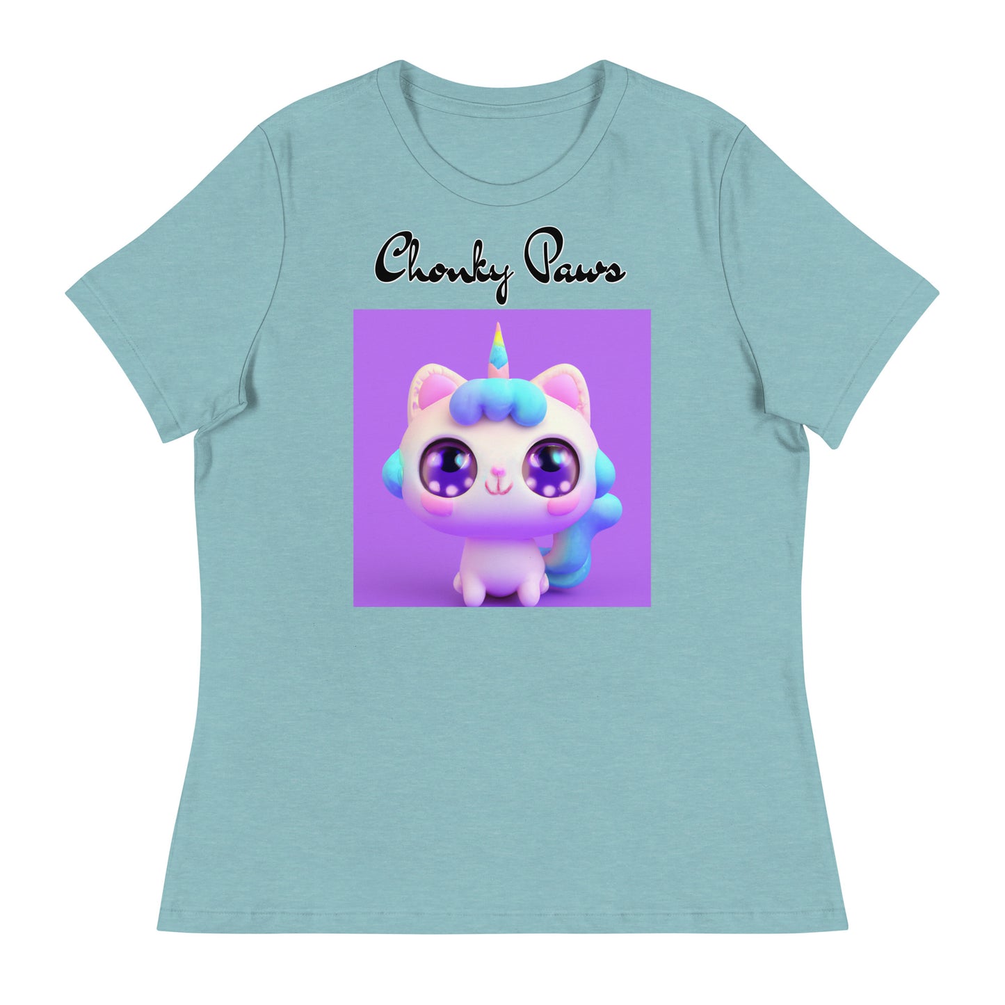 Women's T-Shirt with Happy Unicorn Kitten with a text "Chonky Paws" at $25.97 found at Personalizedpetlovergifts