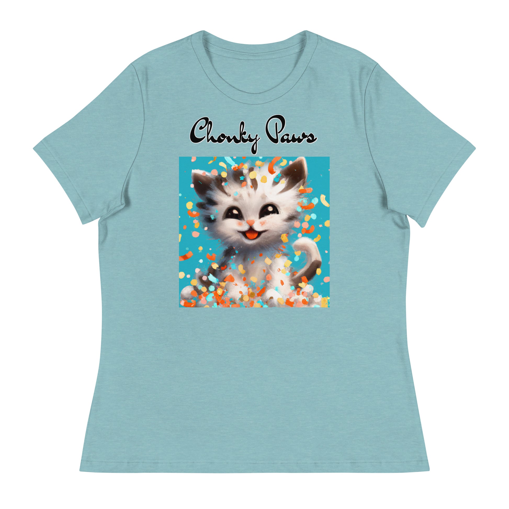 Women's T-Shirt with Happy Kitten With Confetti with a text "Chonky Paws" at $25.97 found at Personalizedpetlovergifts