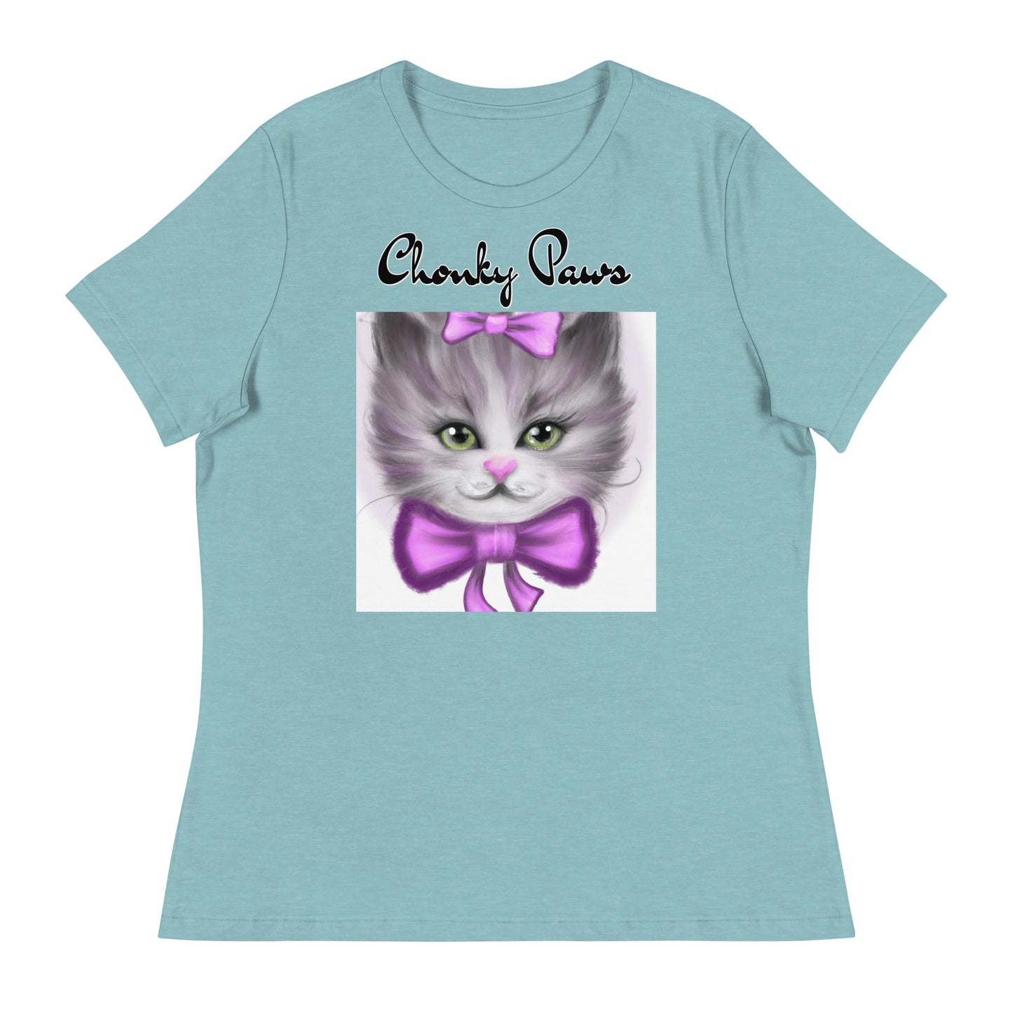 Women's T-Shirt with Happy Kitten With a Purple Bow with a text "Chonky Paws" at $25.97 found at Personalizedpetlovergifts