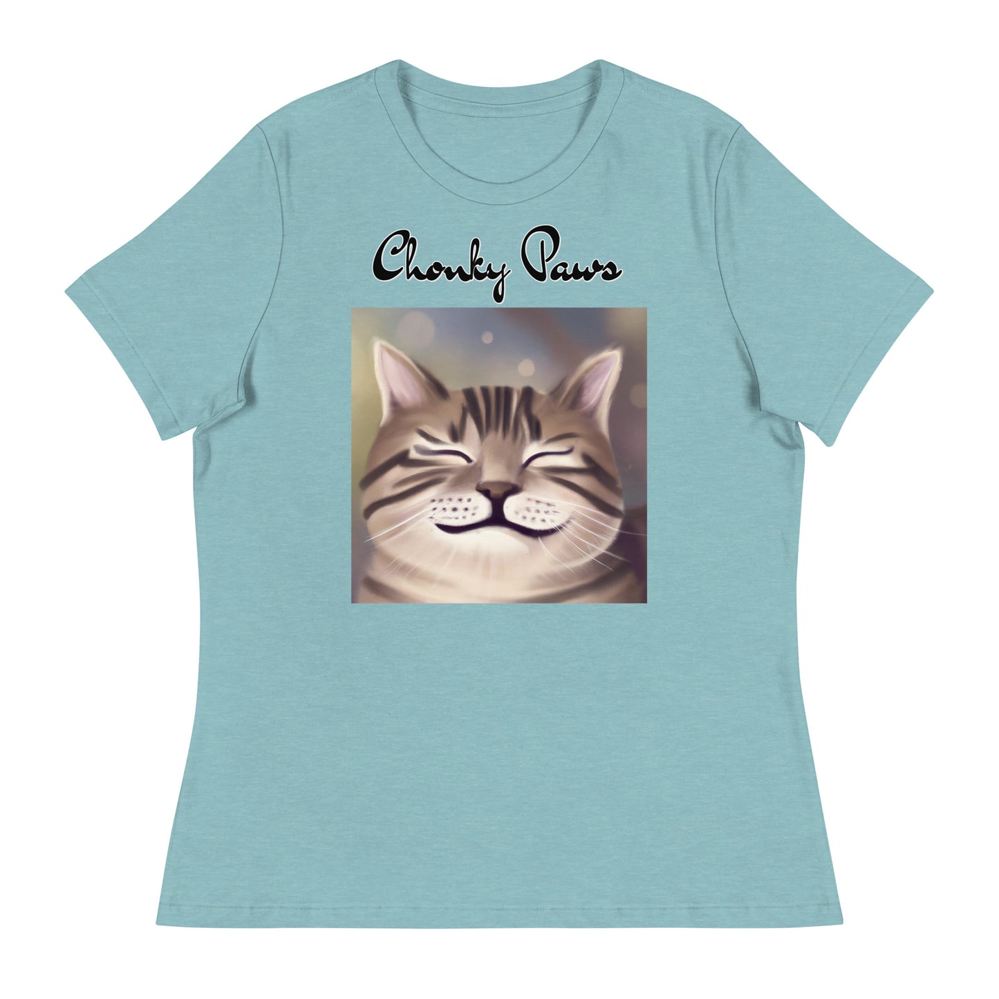 Women's T-Shirt with Happy Cat Purring with a text "Chonky Paws" at $25.97 found at Personalizedpetlovergifts