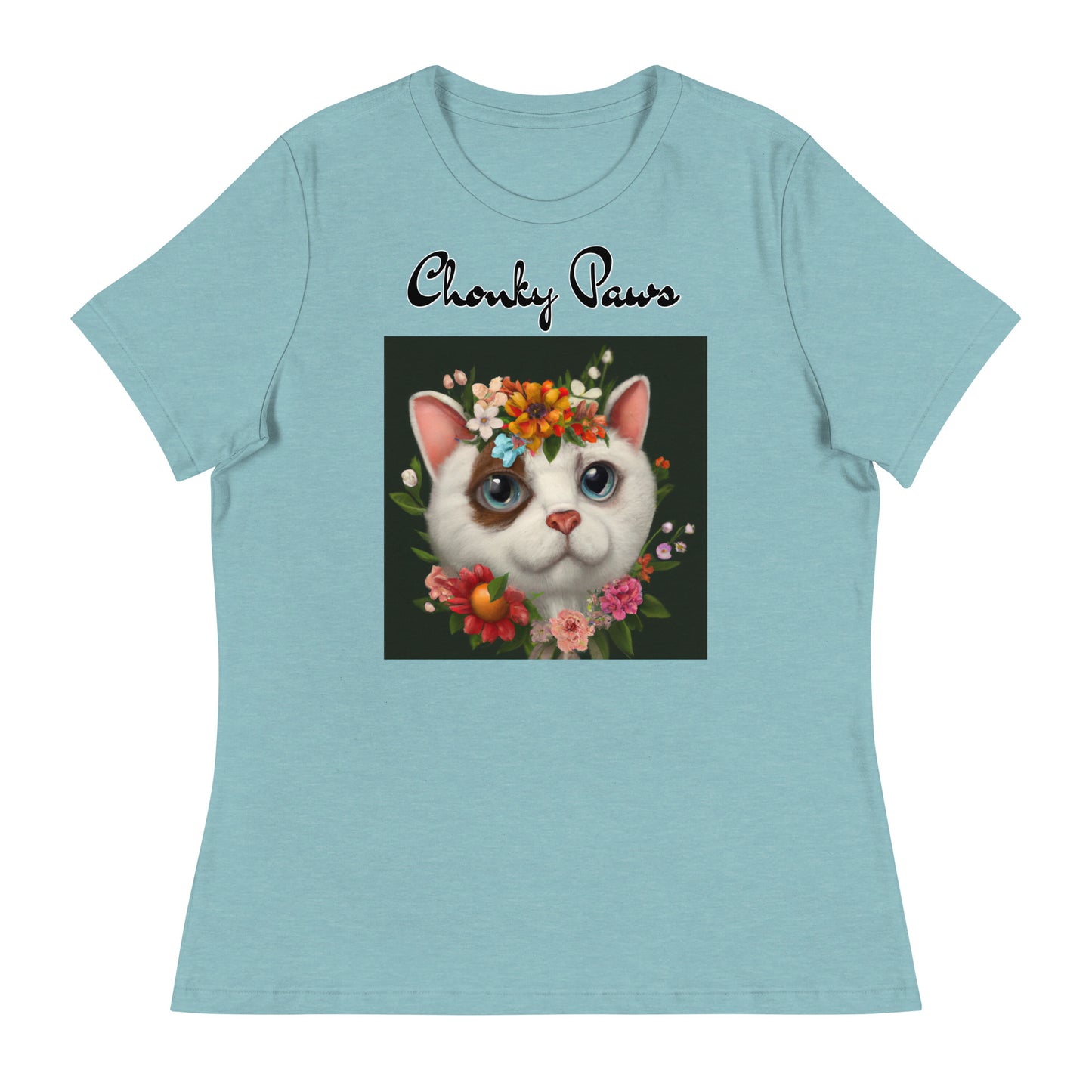 Women's T-Shirt with Happy Cat Portrait With Flowers with a text "Chonky Paws" at $25.97 found at Personalizedpetlovergifts