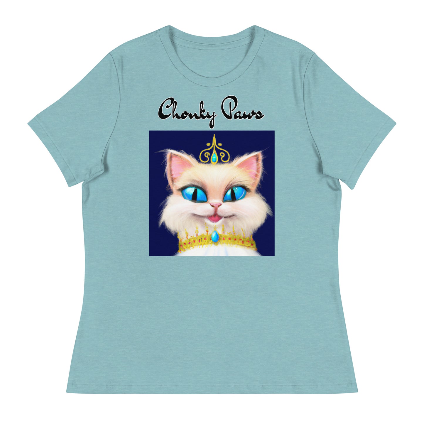 Women's T-Shirt with Happy Blue Eyed Kitten Princess with a text "Chonky Paws" at $25.97 found at Personalizedpetlovergifts