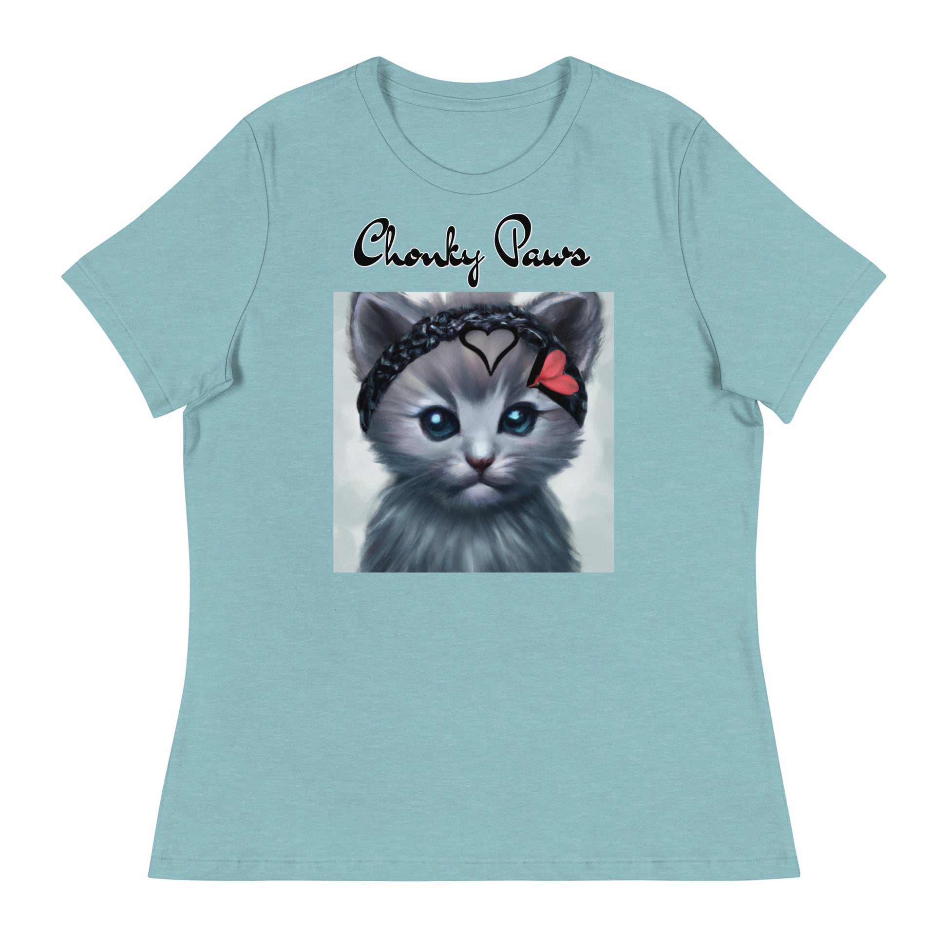 Women's T-Shirt with Grey Kitten With a Headband with a text "Chonky Paws" at $25.97 found at Personalizedpetlovergifts