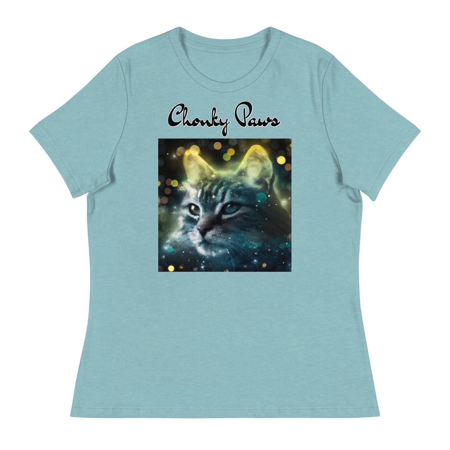 Women's T-Shirt with Green Space Cat with a text "Chonky Paws" at $25.97 found at Personalizedpetlovergifts