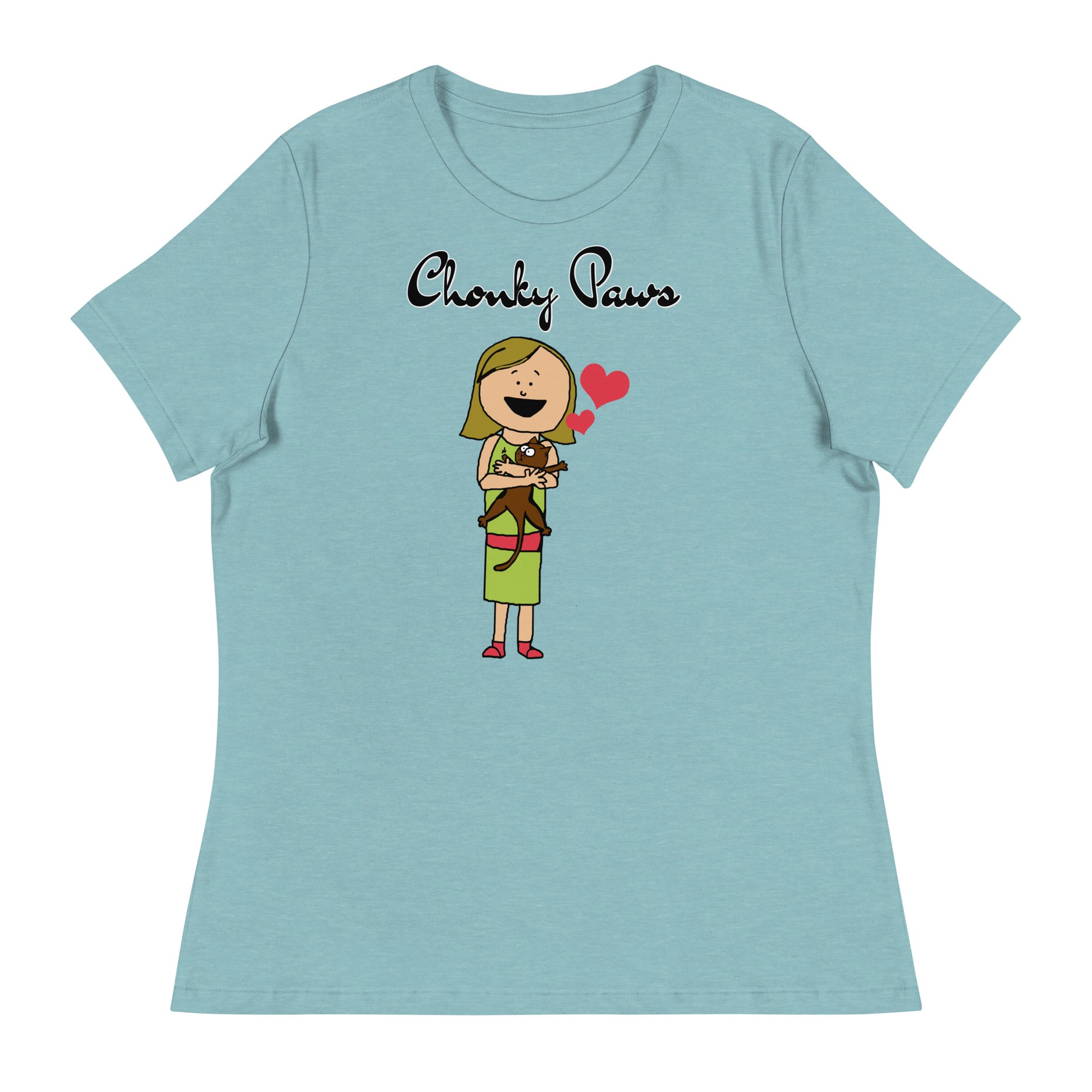 Women's T-Shirt with Girl Holding a Kitten with a text "Chonky Paws" at $25.97 found at Personalizedpetlovergifts