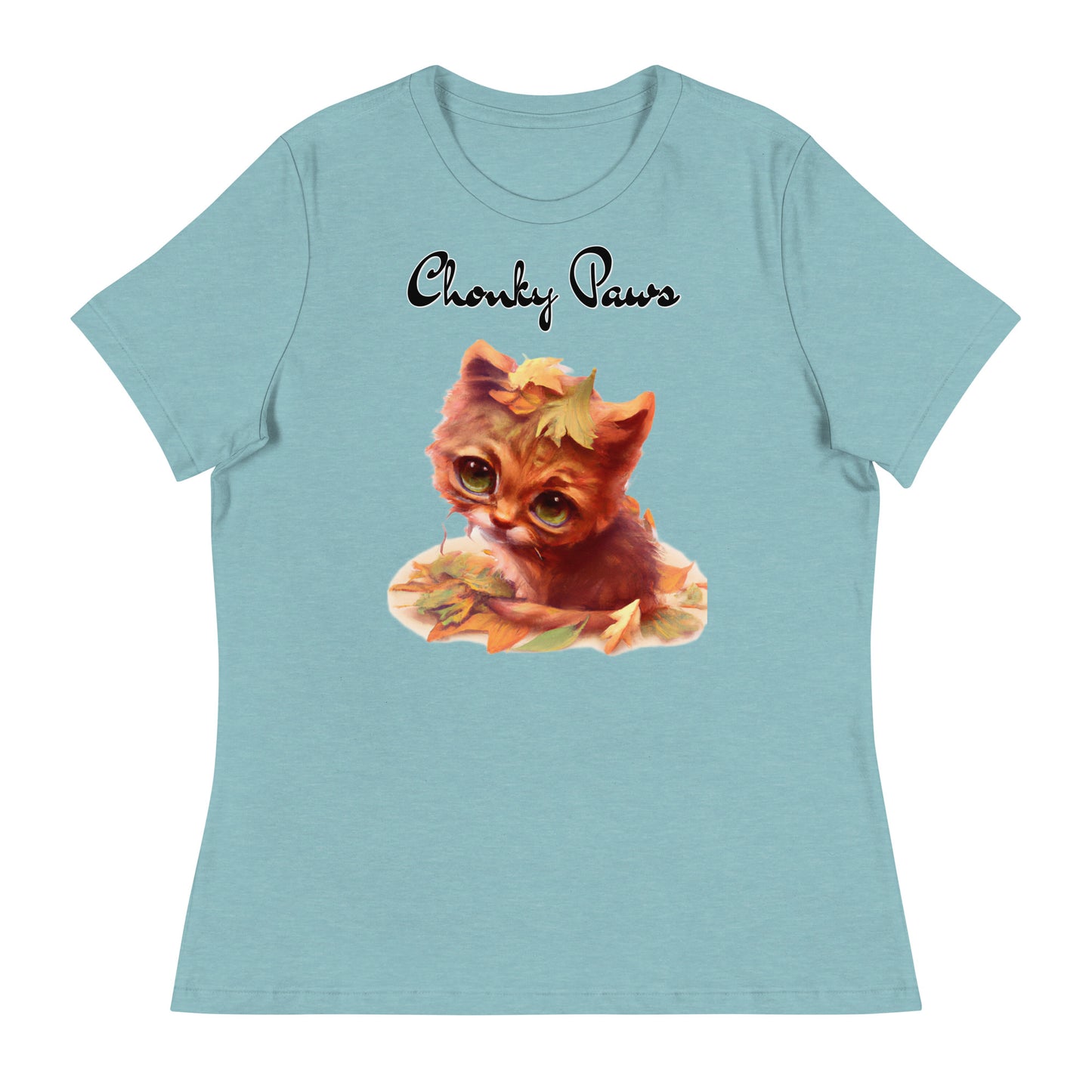 Women's T-Shirt with Ginger Cat With Autumn Leaves with a text "Chonky Paws" at $25.97 found at Personalizedpetlovergifts