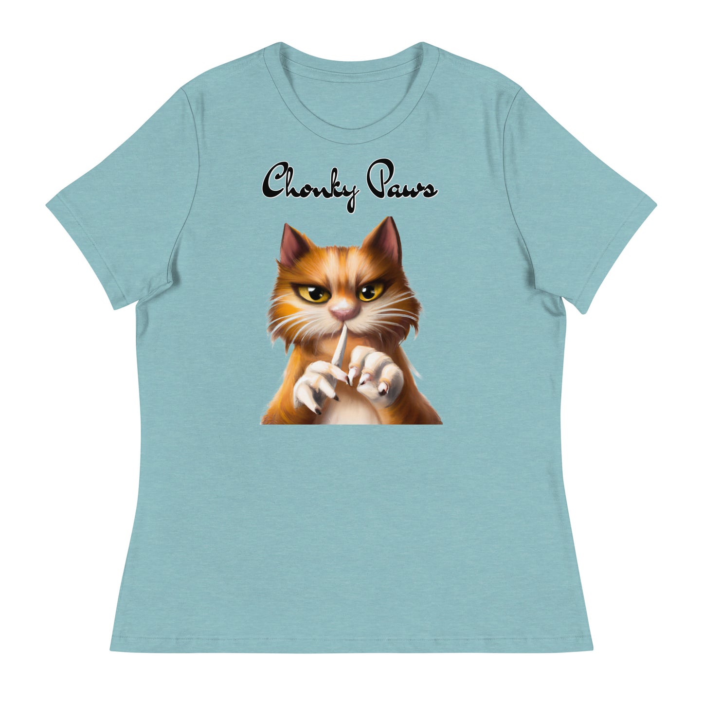 Women's T-Shirt with Ginger Cat Filing Its Nails with a text "Chonky Paws" at $25.97 found at Personalizedpetlovergifts