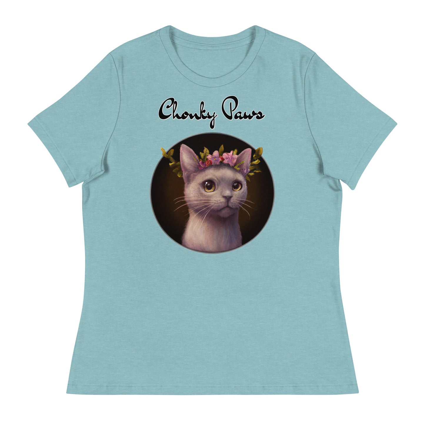 Women's T-Shirt with Gentle Cat With Pink Floral Headpiece with a text "Chonky Paws" at $25.97 found at Personalizedpetlovergifts