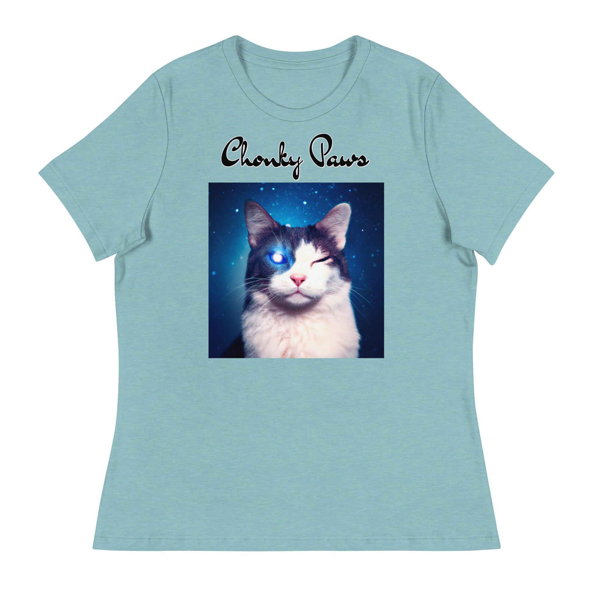 Women's T-Shirt with Galaxy Eyed Cat with a text "Chonky Paws" at $25.97 found at Personalizedpetlovergifts