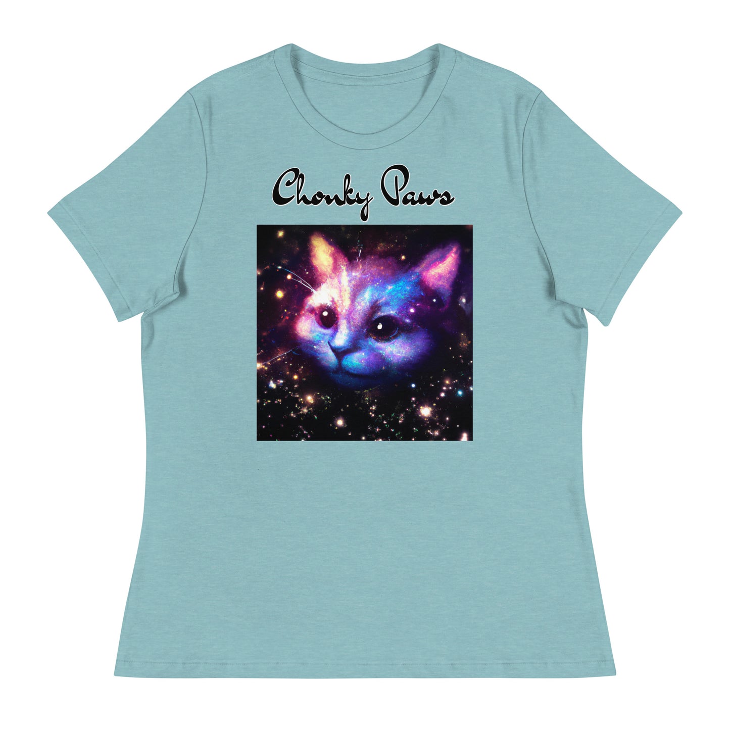 Women's T-Shirt with Galaxy Cat with a text "Chonky Paws" at $25.97 found at Personalizedpetlovergifts