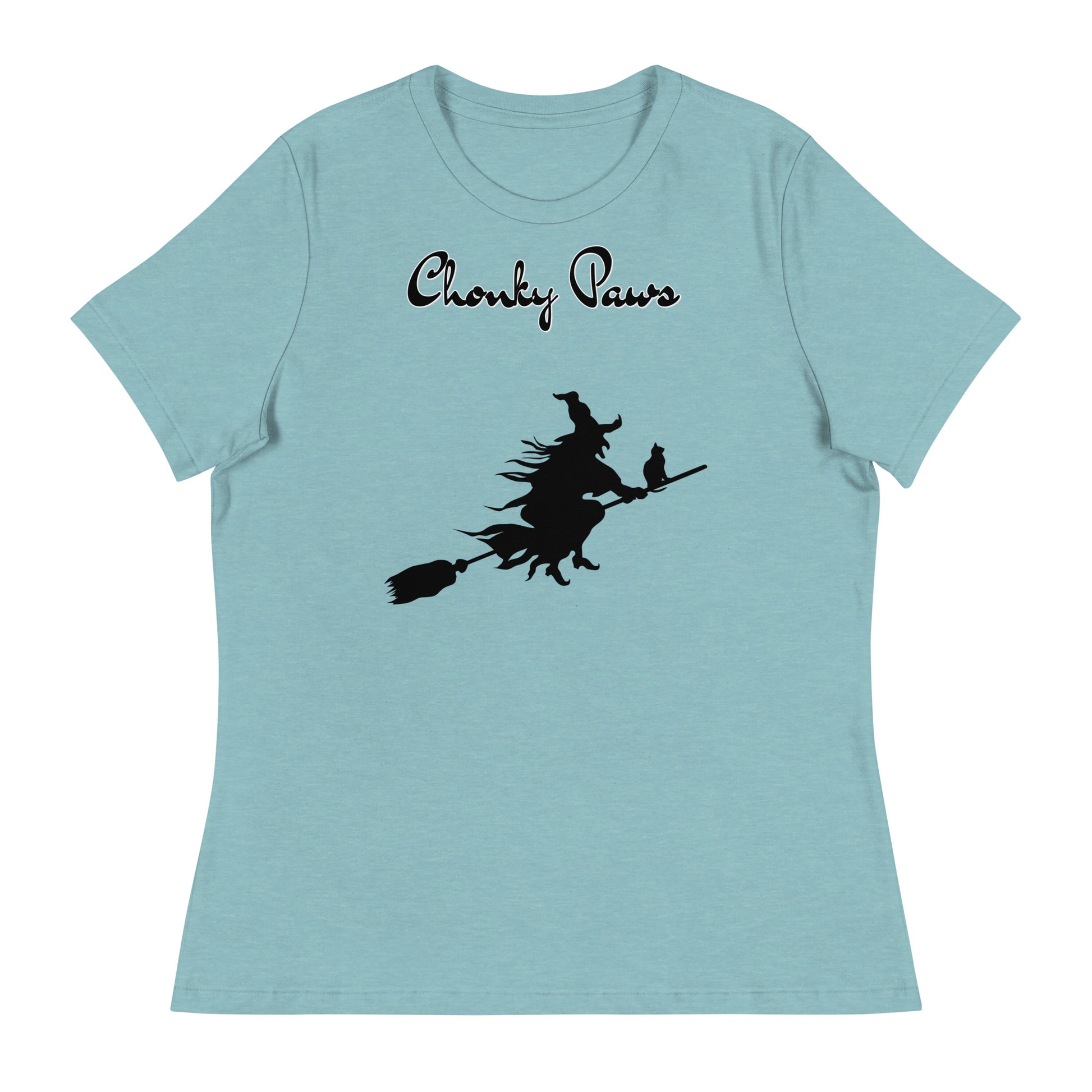 Women's T-Shirt with Flying Witch With Cat On a Broom with a text "Chonky Paws" at $25.97 found at Personalizedpetlovergifts