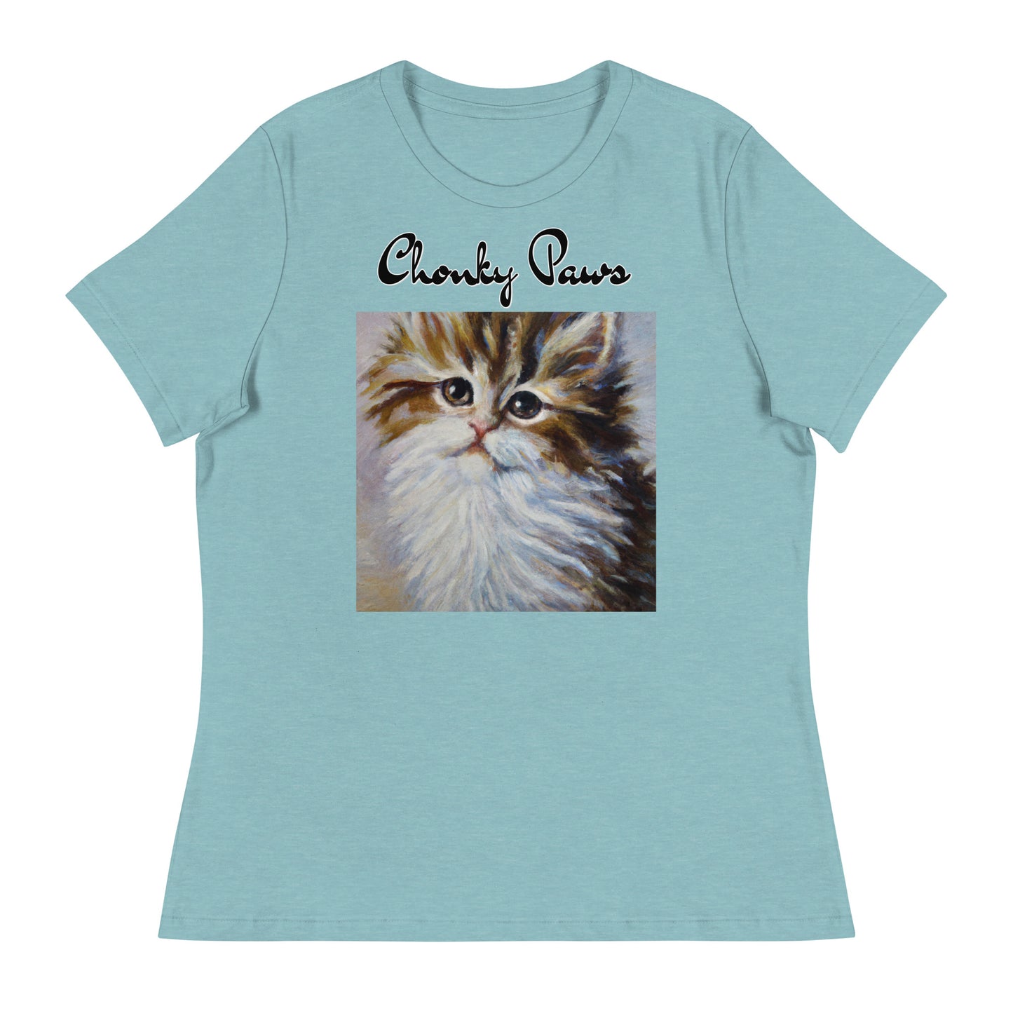 Women's T-Shirt with Fluffy Wispy Kitten Oil Painting with a text "Chonky Paws" at $25.97 found at Personalizedpetlovergifts