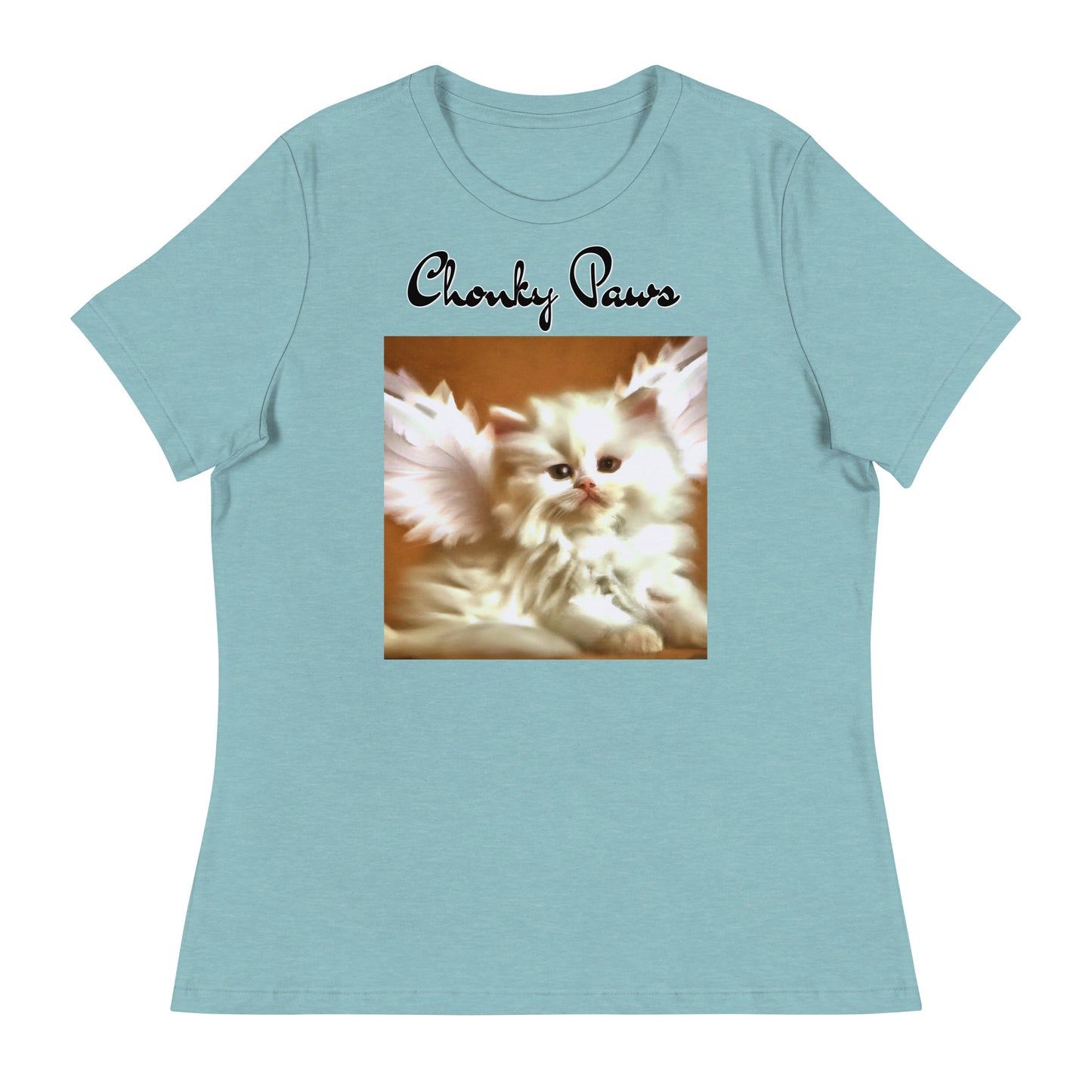 Women's T-Shirt with Fluffy White Kitten With Angel Wings with a text "Chonky Paws" at $25.97 found at Personalizedpetlovergifts