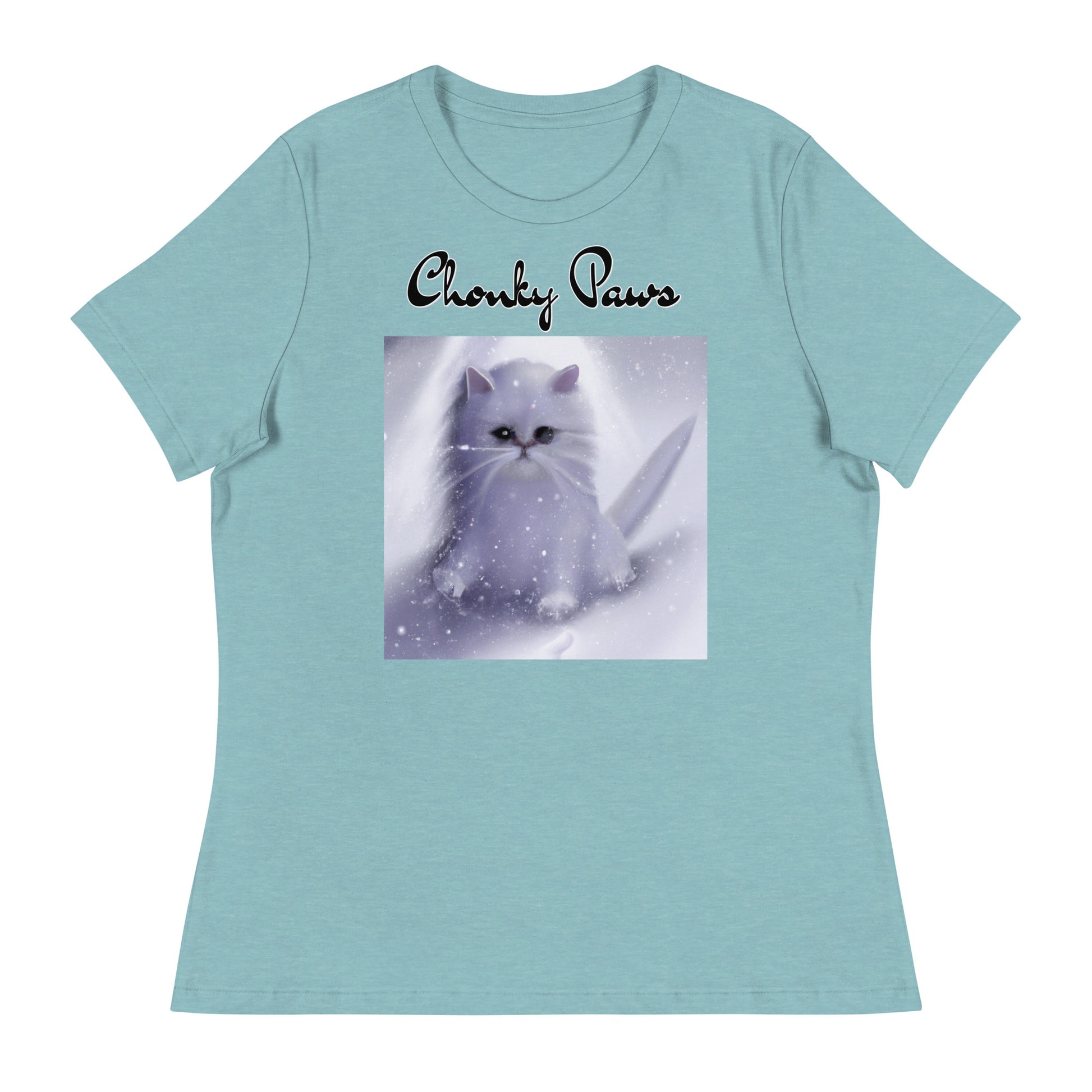 Women's T-Shirt with Fluffy White Kitten In The SNow with a text "Chonky Paws" at $25.97 found at Personalizedpetlovergifts