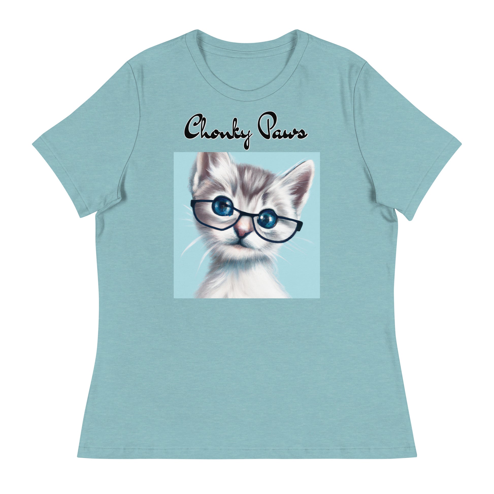 Women's T-Shirt with Fluffy Kitten With Glasses with a text "Chonky Paws" at $25.97 found at Personalizedpetlovergifts