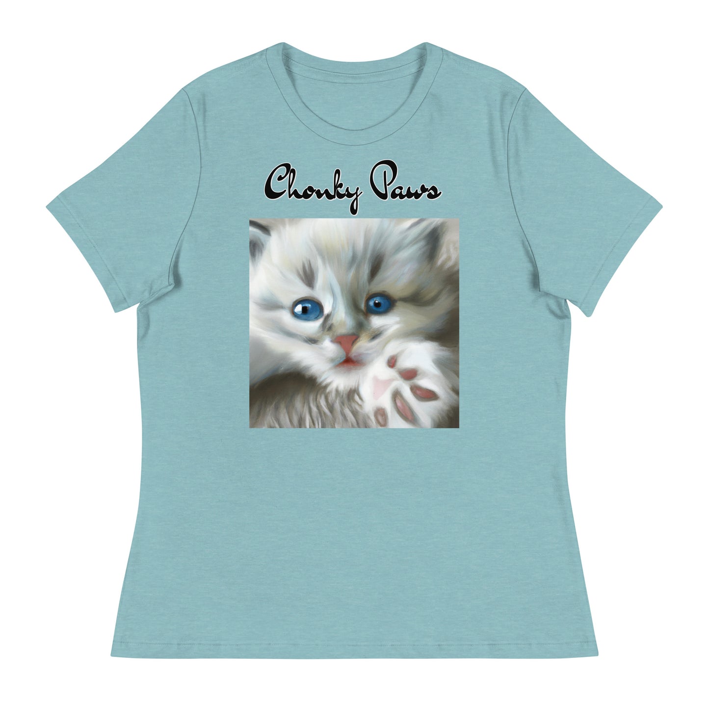 Women's T-Shirt with Fluffy Kitten With Fluffy Paw with a text "Chonky Paws" at $25.97 found at Personalizedpetlovergifts