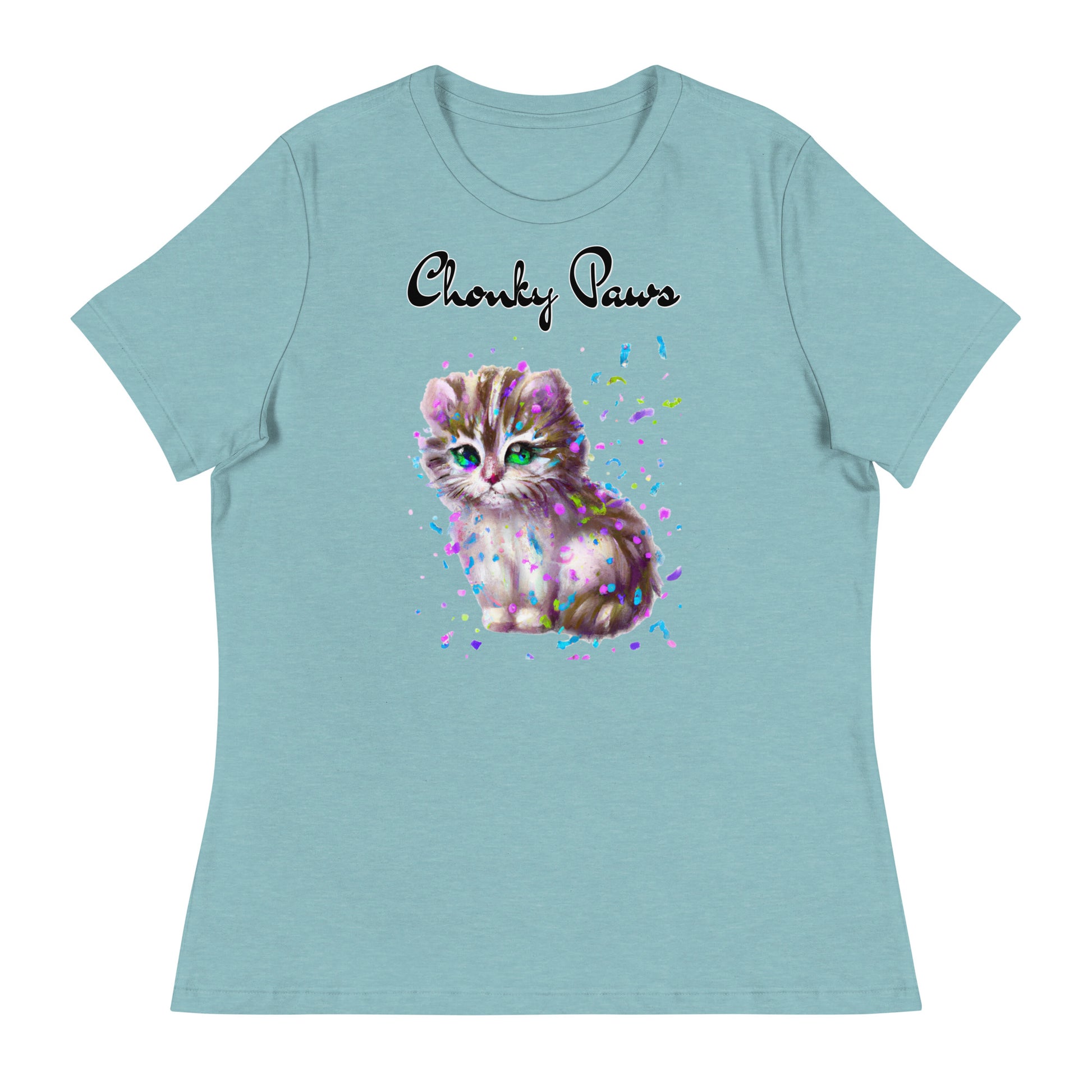 Women's T-Shirt with Fluffy Kitten With Confetti with a text "Chonky Paws" at $25.97 found at Personalizedpetlovergifts