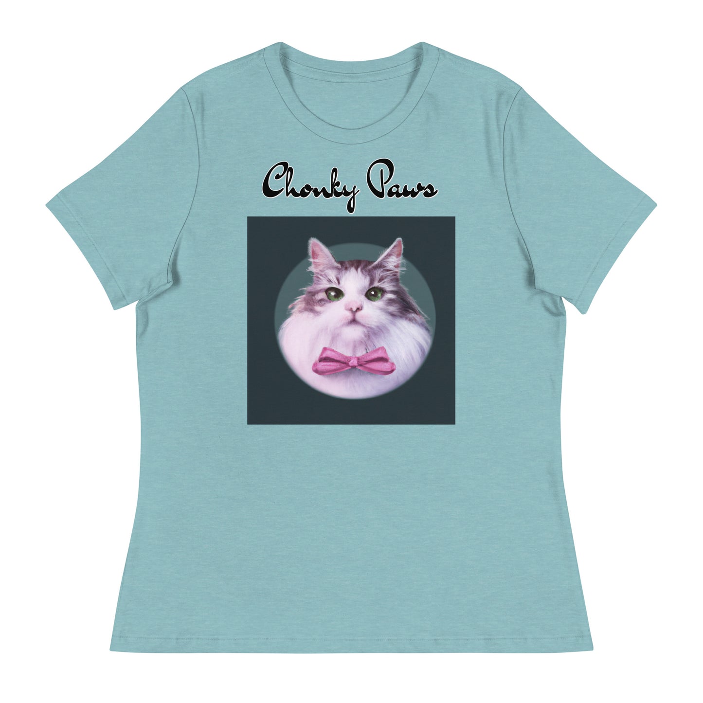 Women's T-Shirt with Fluffy Kitten With a Pink Bow with a text "Chonky Paws" at $25.97 found at Personalizedpetlovergifts