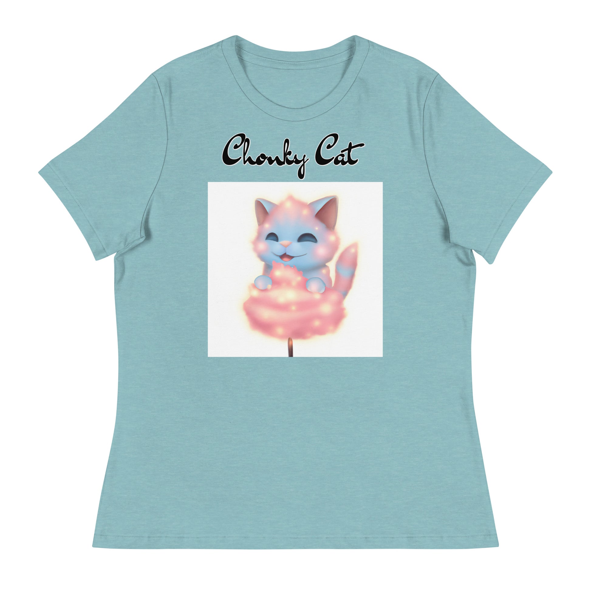 Women's T-Shirt with Kitten Enjoying a Cotton Candy with a text "Chonky Cat" at $25.97 found at Personalizedpetlovergifts