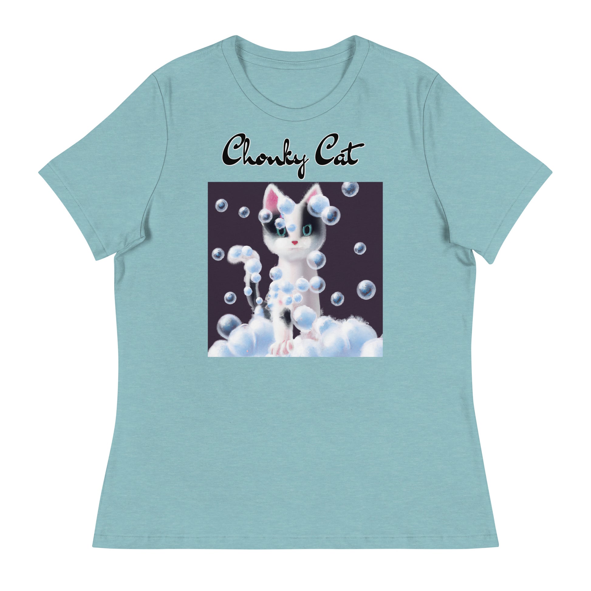 Women's T-Shirt with Kitten Covered In Bubbles with a text "Chonky Cat" at $25.97 found at Personalizedpetlovergifts