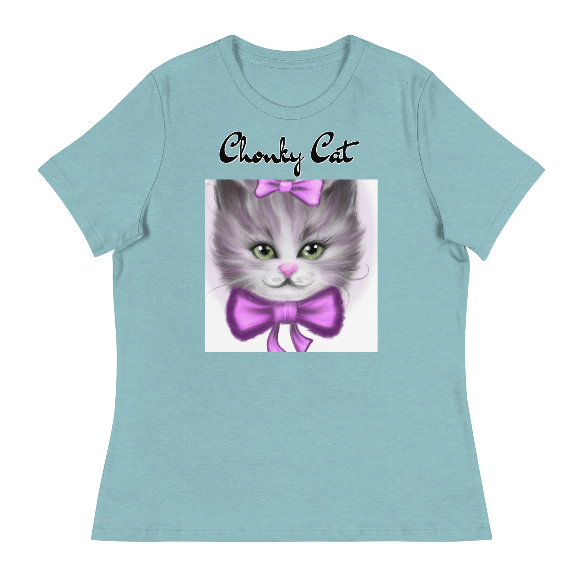 Women's T-Shirt with Happy Kitten With a Purple Bow with a text "Chonky Cat" at $25.97 found at Personalizedpetlovergifts