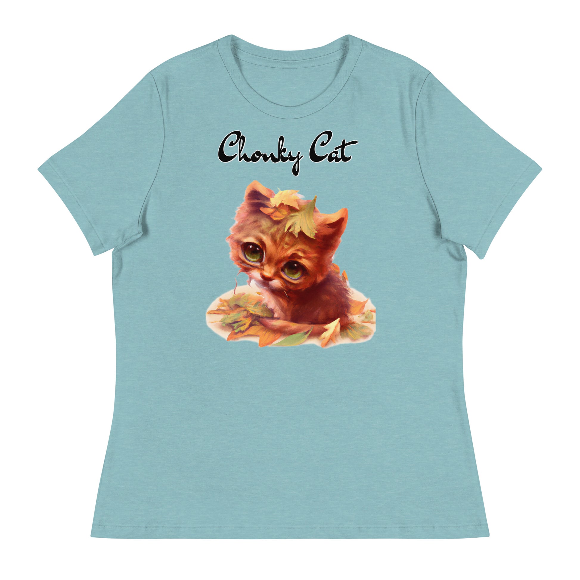 Women's T-Shirt with Ginger Cat With Autumn Leaves with a text "Chonky Cat" at $25.97 found at Personalizedpetlovergifts