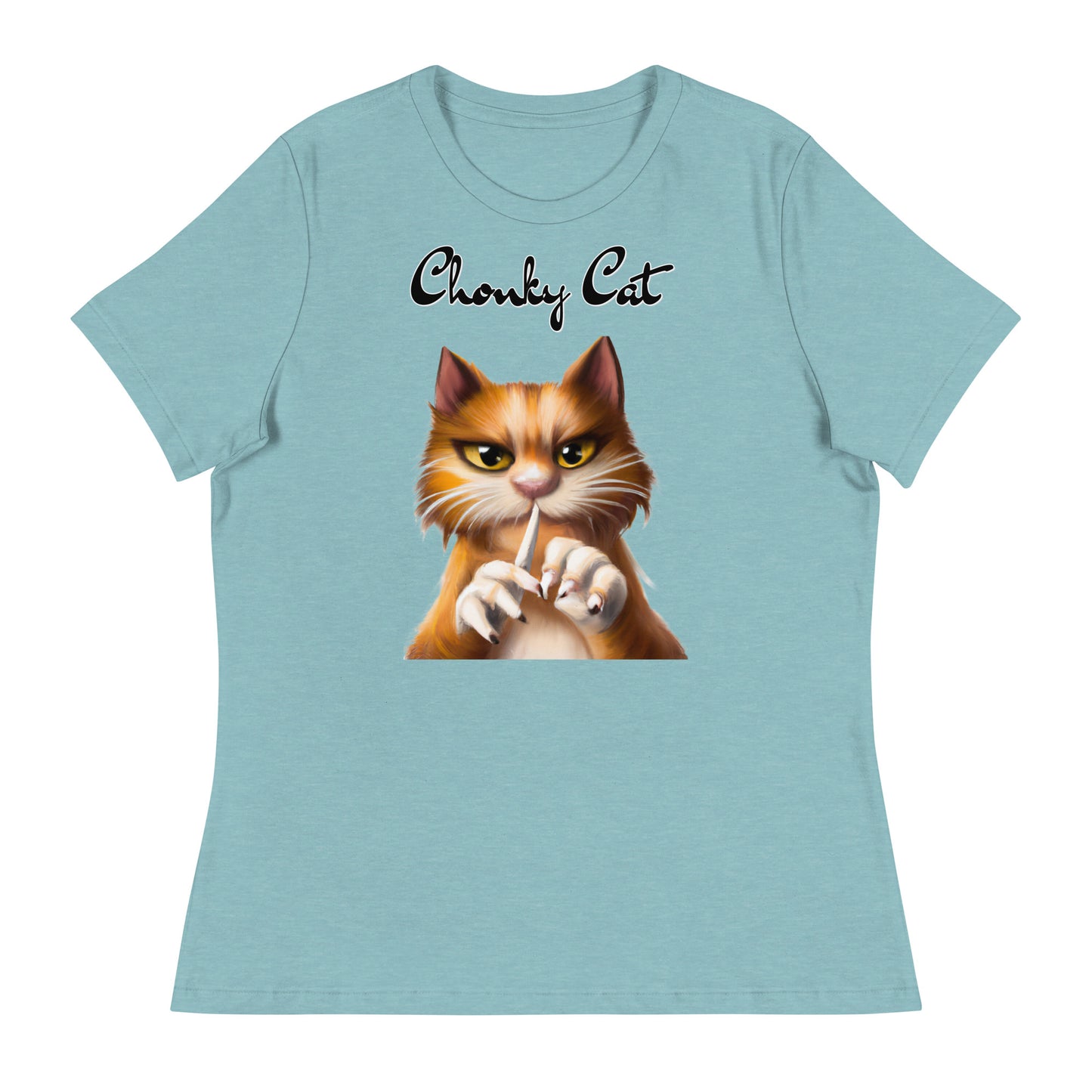 Women's T-Shirt with Ginger Cat Filing Its Nails with a text "Chonky Cat" at $25.97 found at Personalizedpetlovergifts