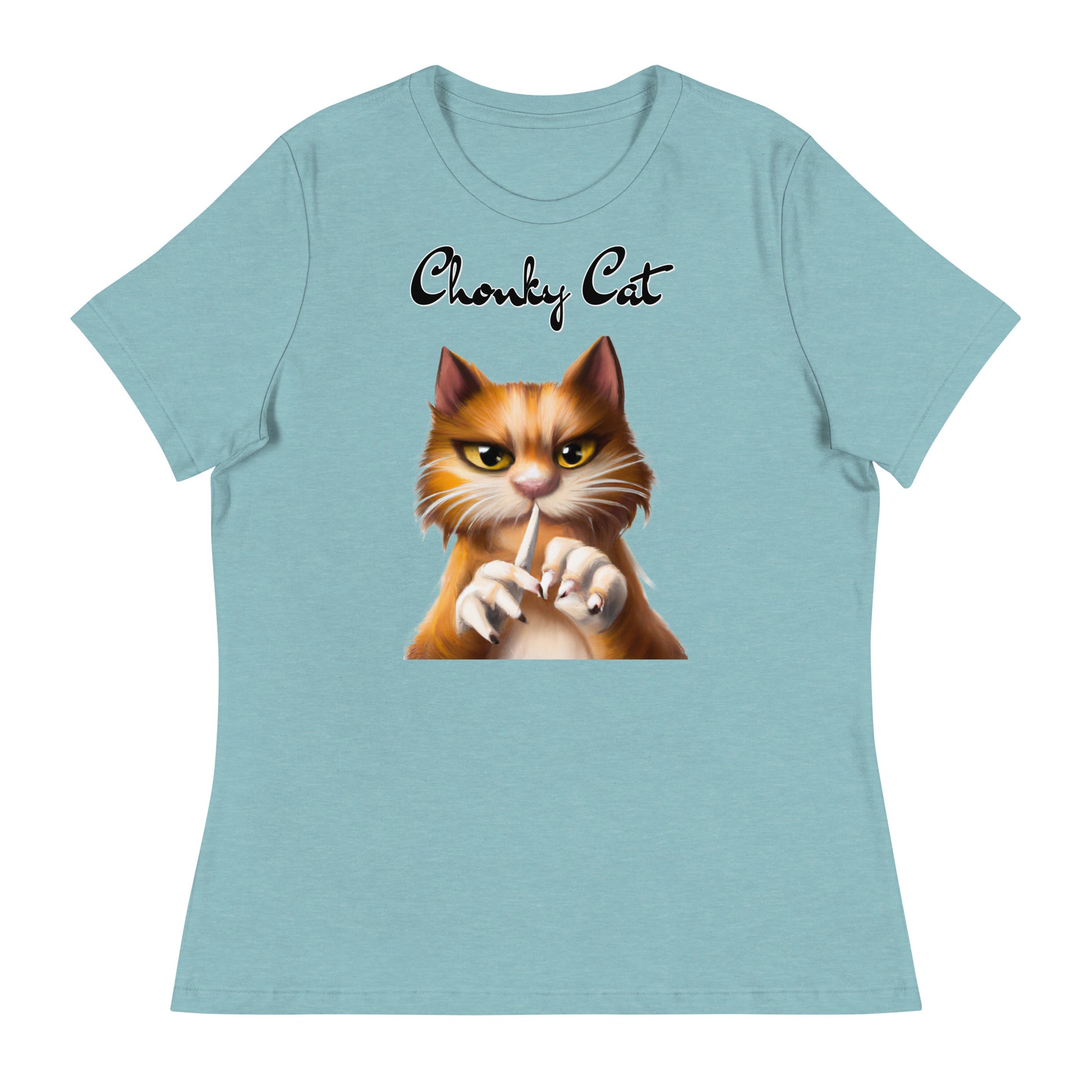 Women's T-Shirt with Ginger Cat Filing Its Nails with a text "Chonky Cat" at $25.97 found at Personalizedpetlovergifts