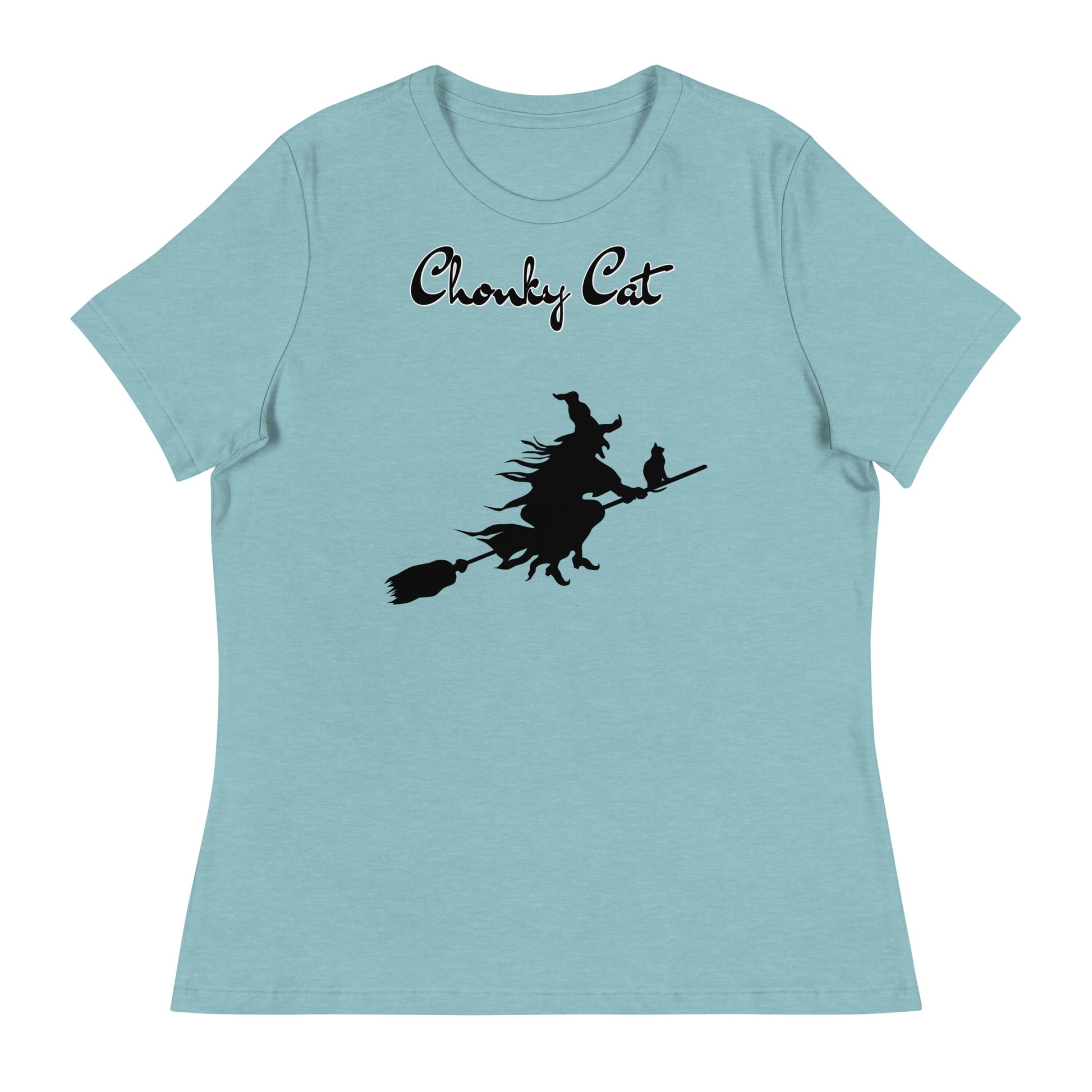 Women's T-Shirt with Flying Witch With Cat On a Broom with a text "Chonky Cat" at $25.97 found at Personalizedpetlovergifts