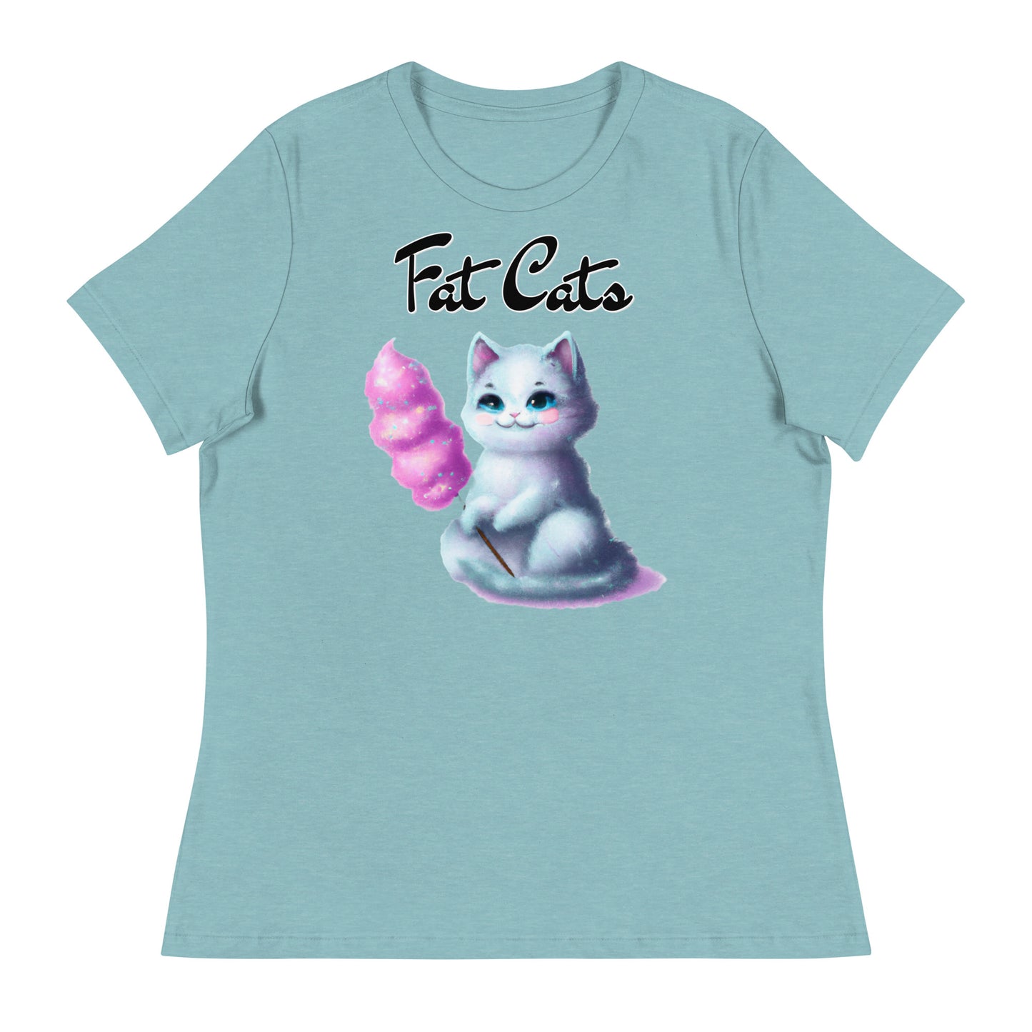 Women's T-Shirt with Kitten Holding A Cotton Candy with a text "Fat Cats" at $25.97 found at Personalizedpetlovergifts