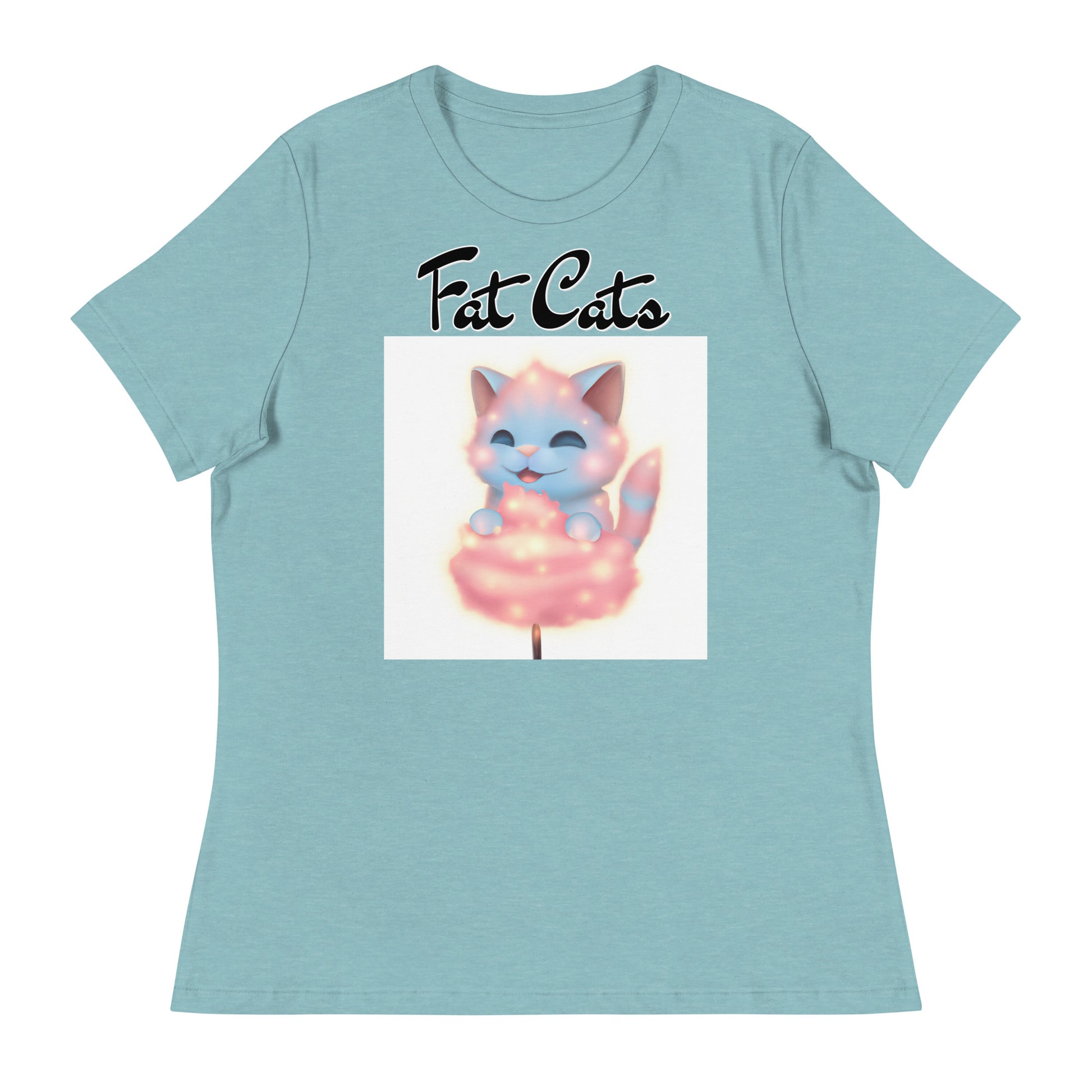 Women's T-Shirt with Kitten Enjoying a Cotton Candy with a text "Fat Cats" at $25.97 found at Personalizedpetlovergifts