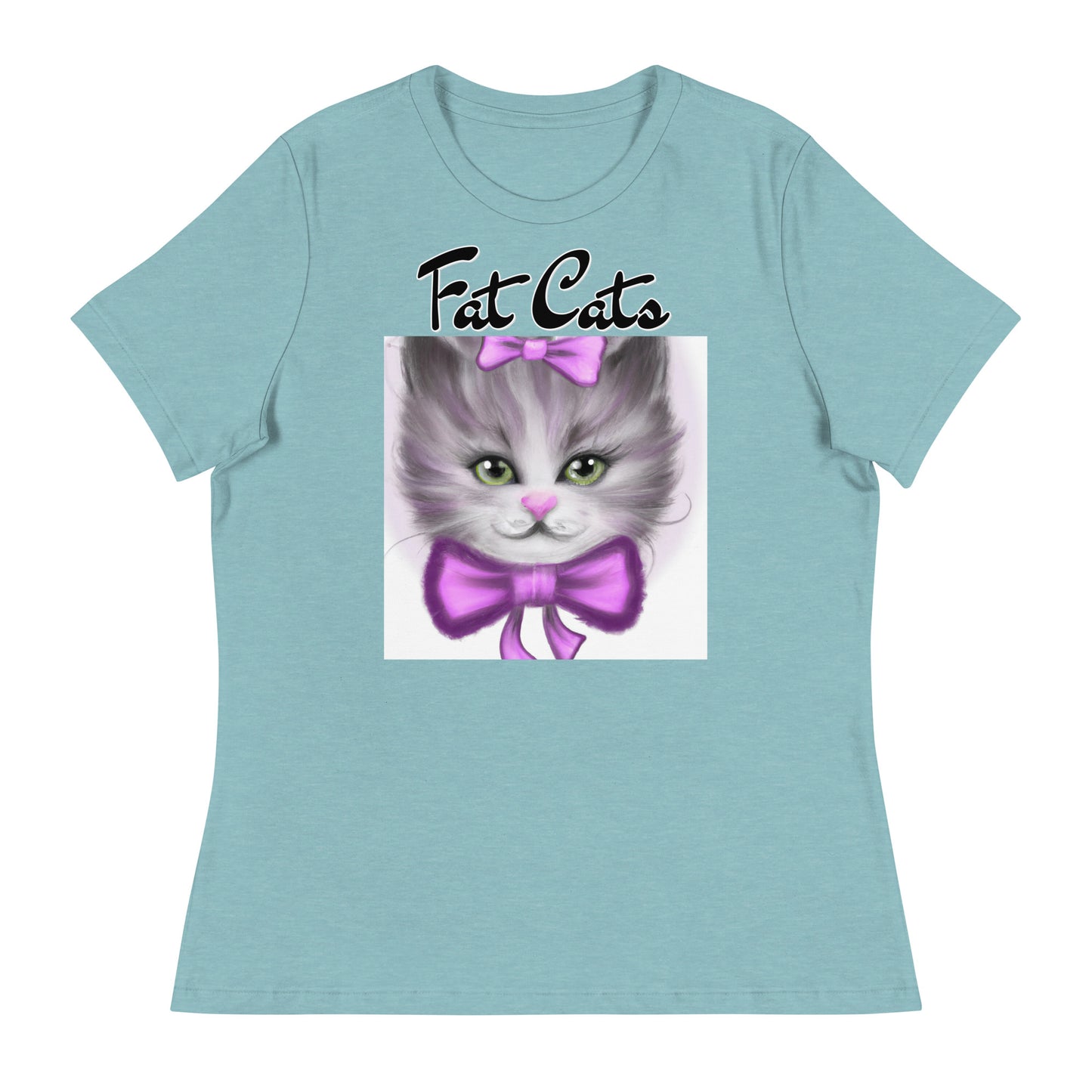 Women's T-Shirt with Happy Kitten With a Purple Bow with a text "Fat Cats" at $25.97 found at Personalizedpetlovergifts