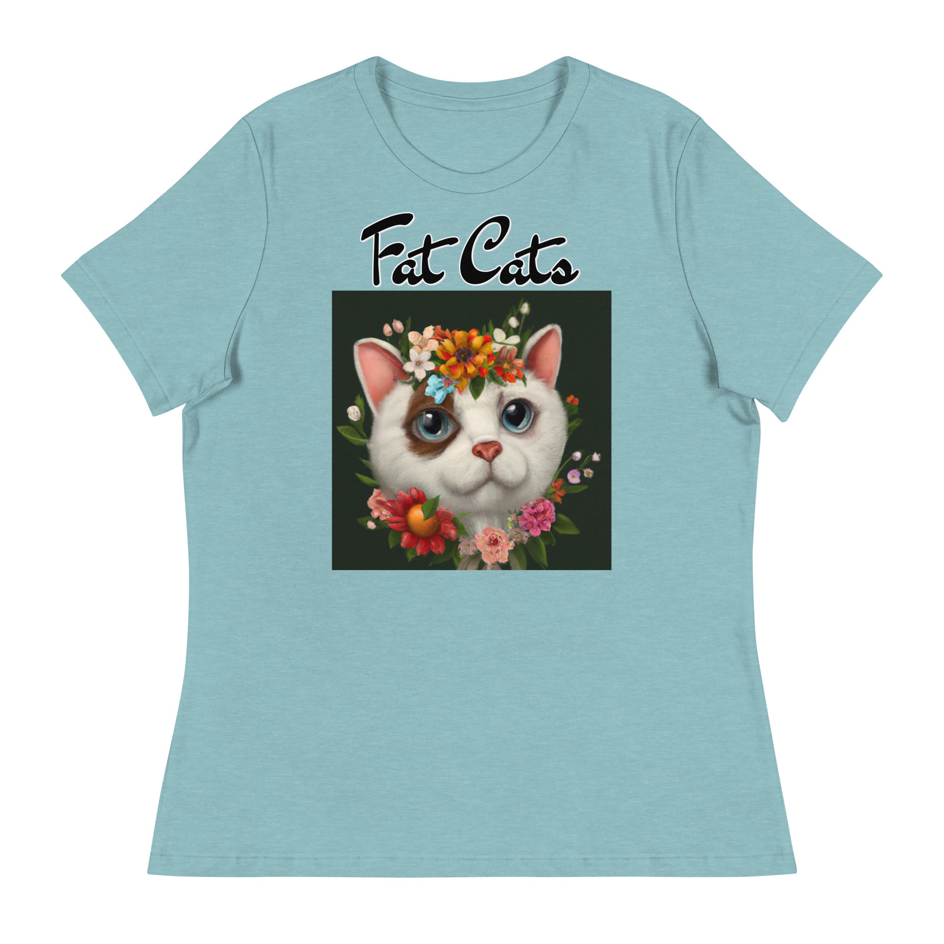 Women's T-Shirt with Happy Cat Portrait With Flowers with a text "Fat Cats" at $25.97 found at Personalizedpetlovergifts