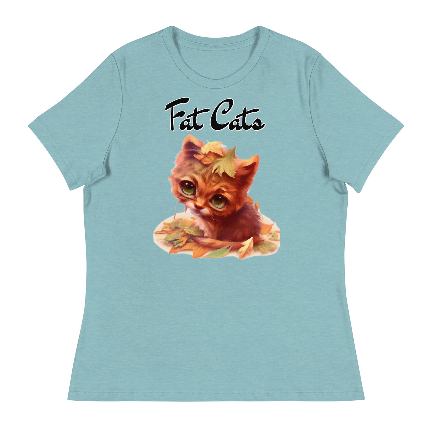 Women's T-Shirt with Ginger Cat With Autumn Leaves with a text "Fat Cats" at $25.97 found at Personalizedpetlovergifts