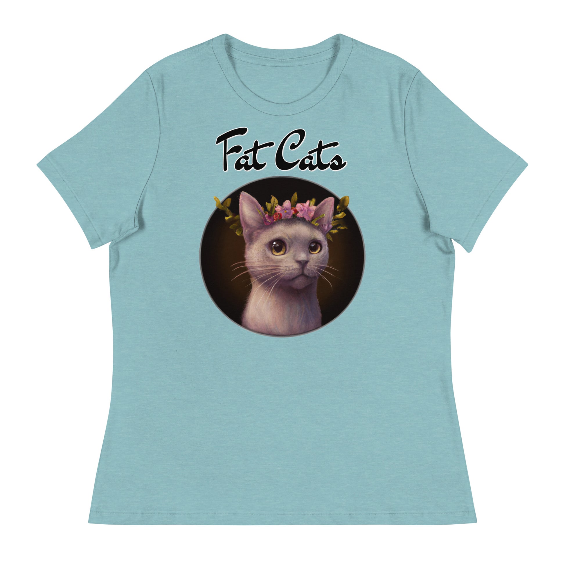 Women's T-Shirt with Gentle Cat With Pink Floral Headpiece with a text "Fat Cats" at $25.97 found at Personalizedpetlovergifts