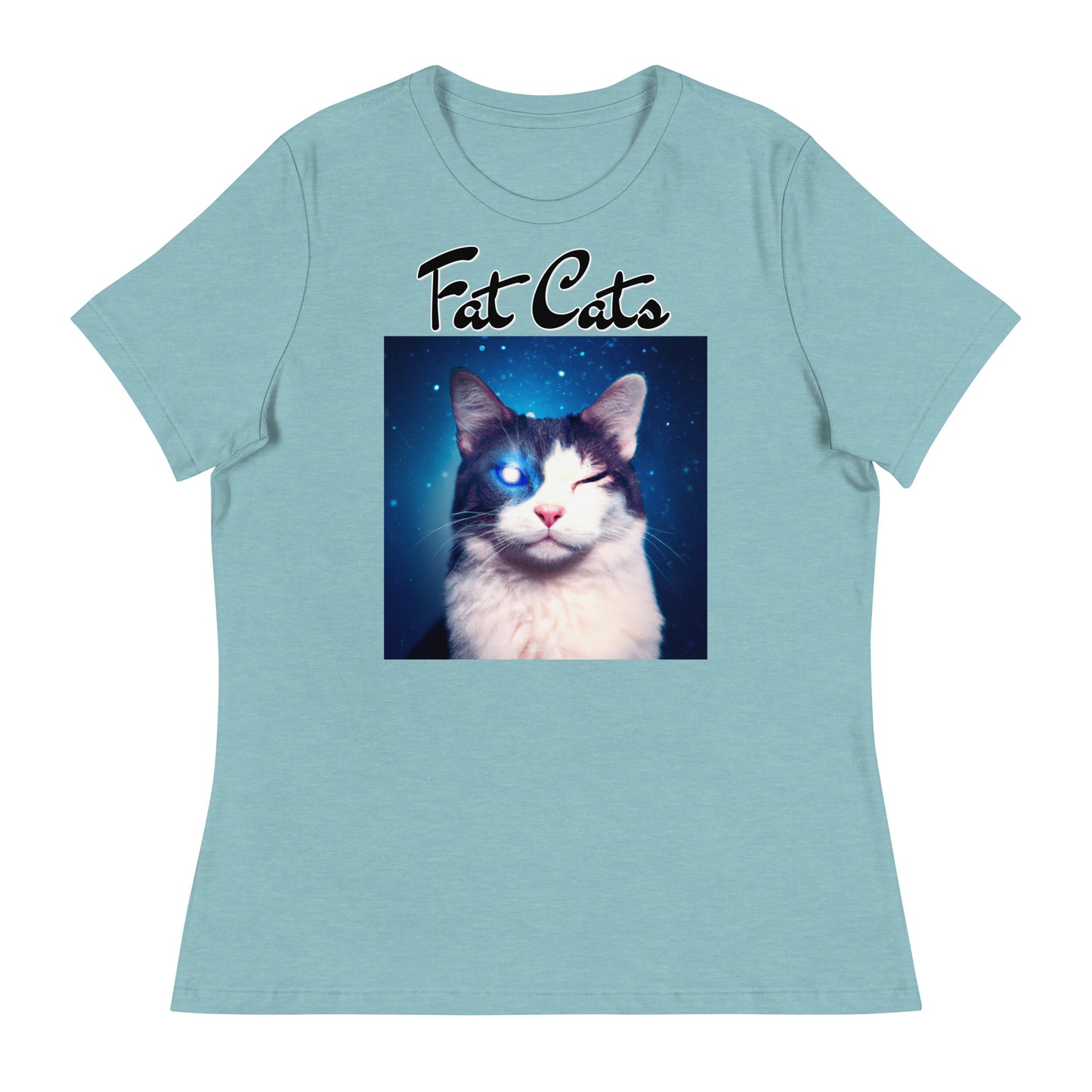 Women's T-Shirt with Galaxy Eyed Cat with a text "Fat Cats" at $25.97 found at Personalizedpetlovergifts