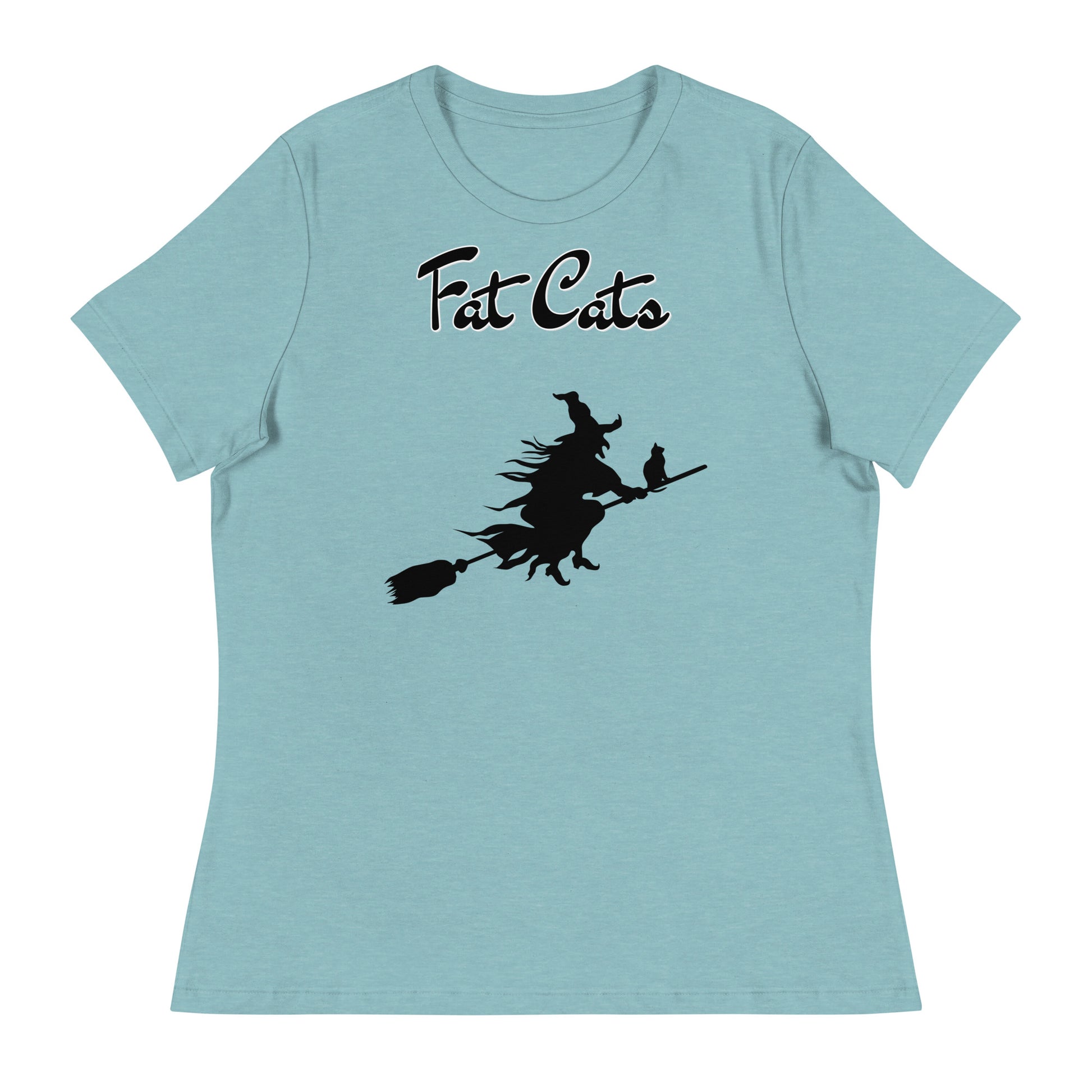 Women's T-Shirt with Flying Witch With Cat On a Broom with a text "Fat Cats" at $25.97 found at Personalizedpetlovergifts