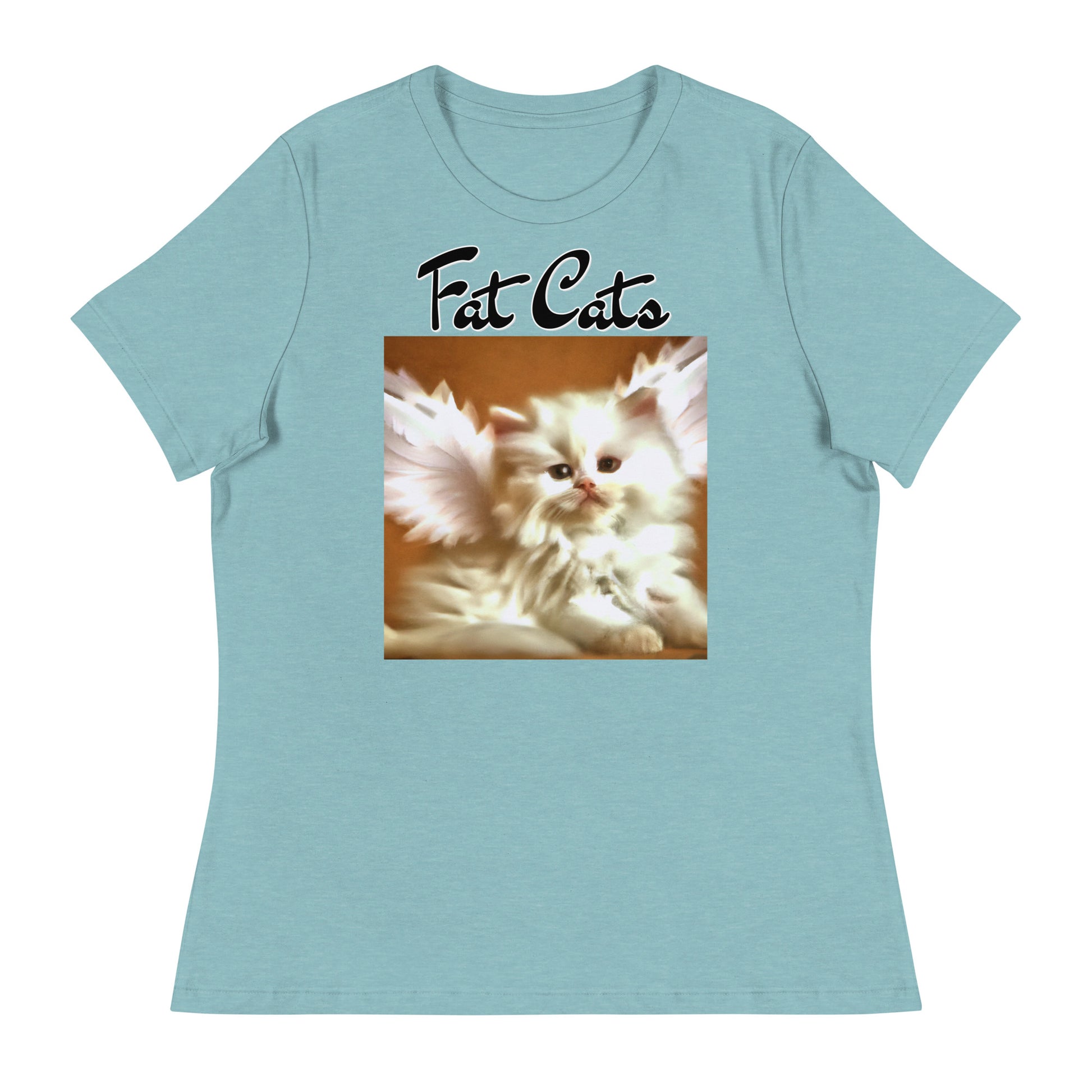 Women's T-Shirt with Fluffy White Kitten With Angel Wings with a text "Fat Cats" at $25.97 found at Personalizedpetlovergifts