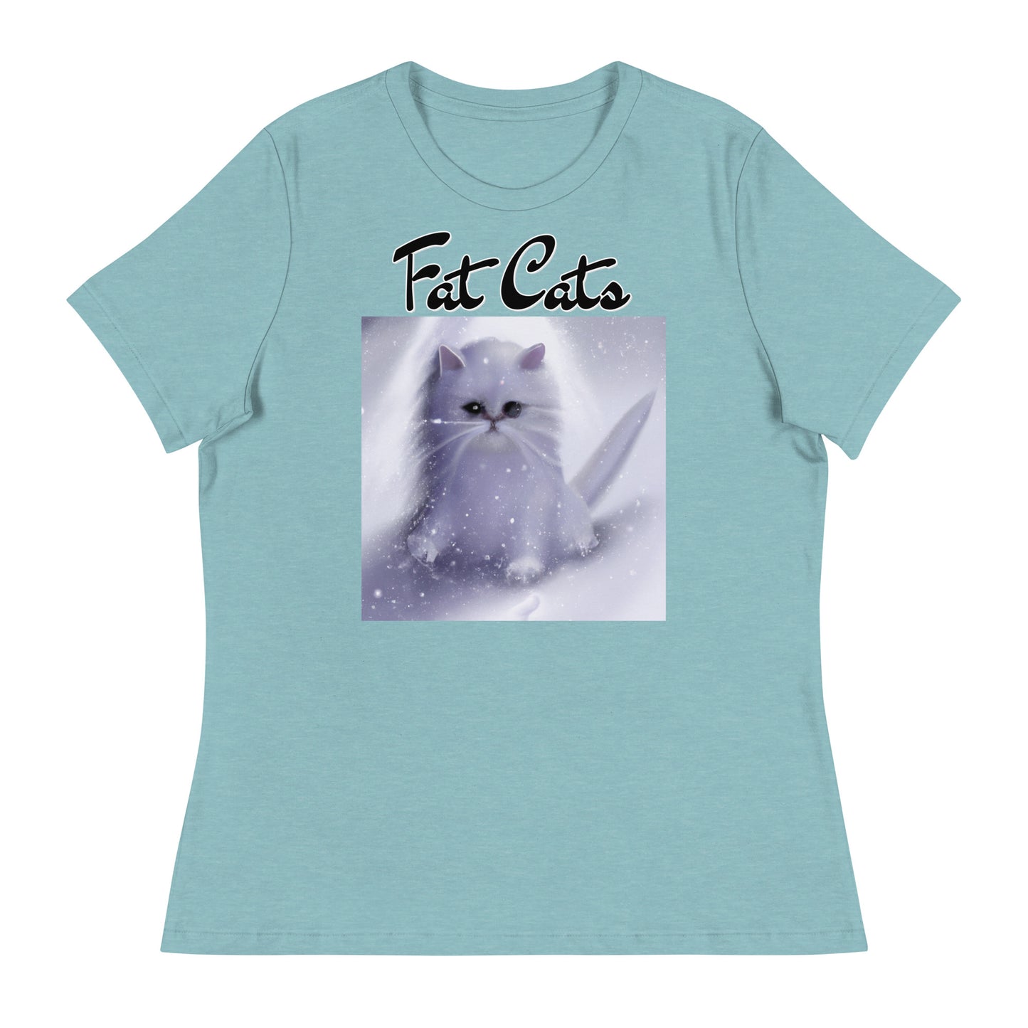 Women's T-Shirt with Fluffy White Kitten In The SNow with a text "Fat Cats" at $25.97 found at Personalizedpetlovergifts