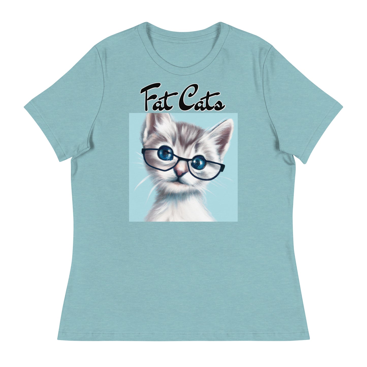 Women's T-Shirt with Fluffy Kitten With Glasses with a text "Fat Cats" at $25.97 found at Personalizedpetlovergifts