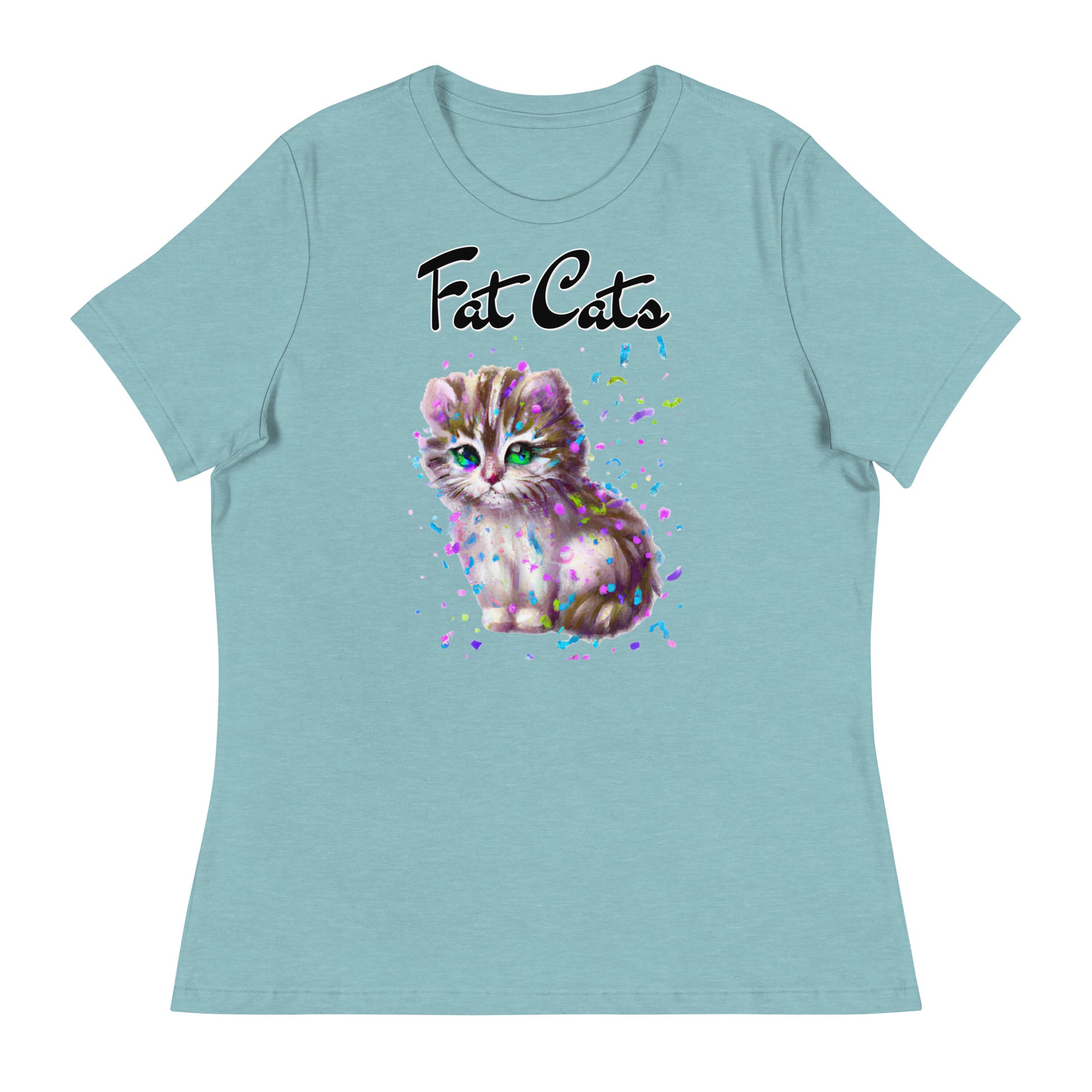 Women's T-Shirt with Fluffy Kitten With Confetti with a text "Fat Cats" at $25.97 found at Personalizedpetlovergifts