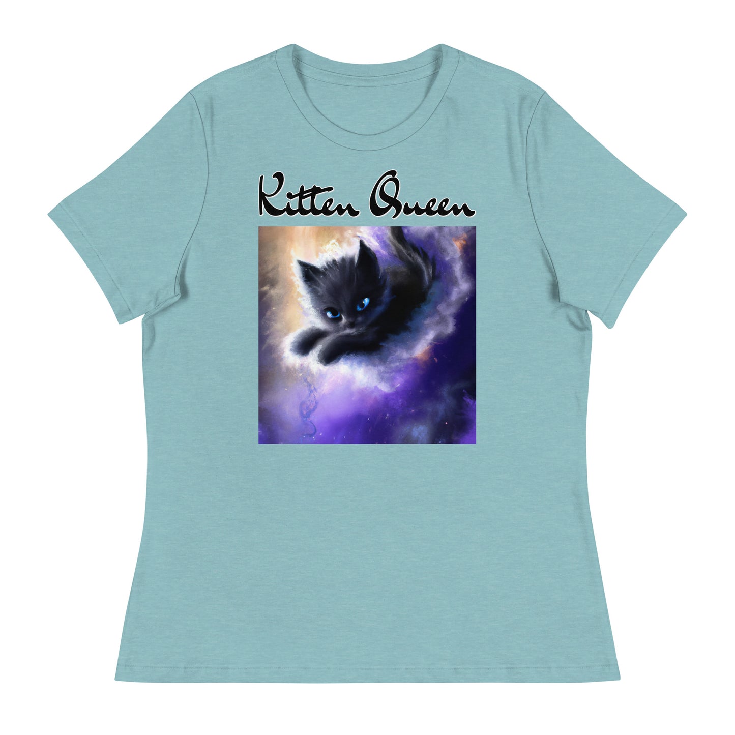 Women's T-Shirt with Kitten In A Cosmic Cloud with a text "Kitten Queen" at $25.97 found at Personalizedpetlovergifts