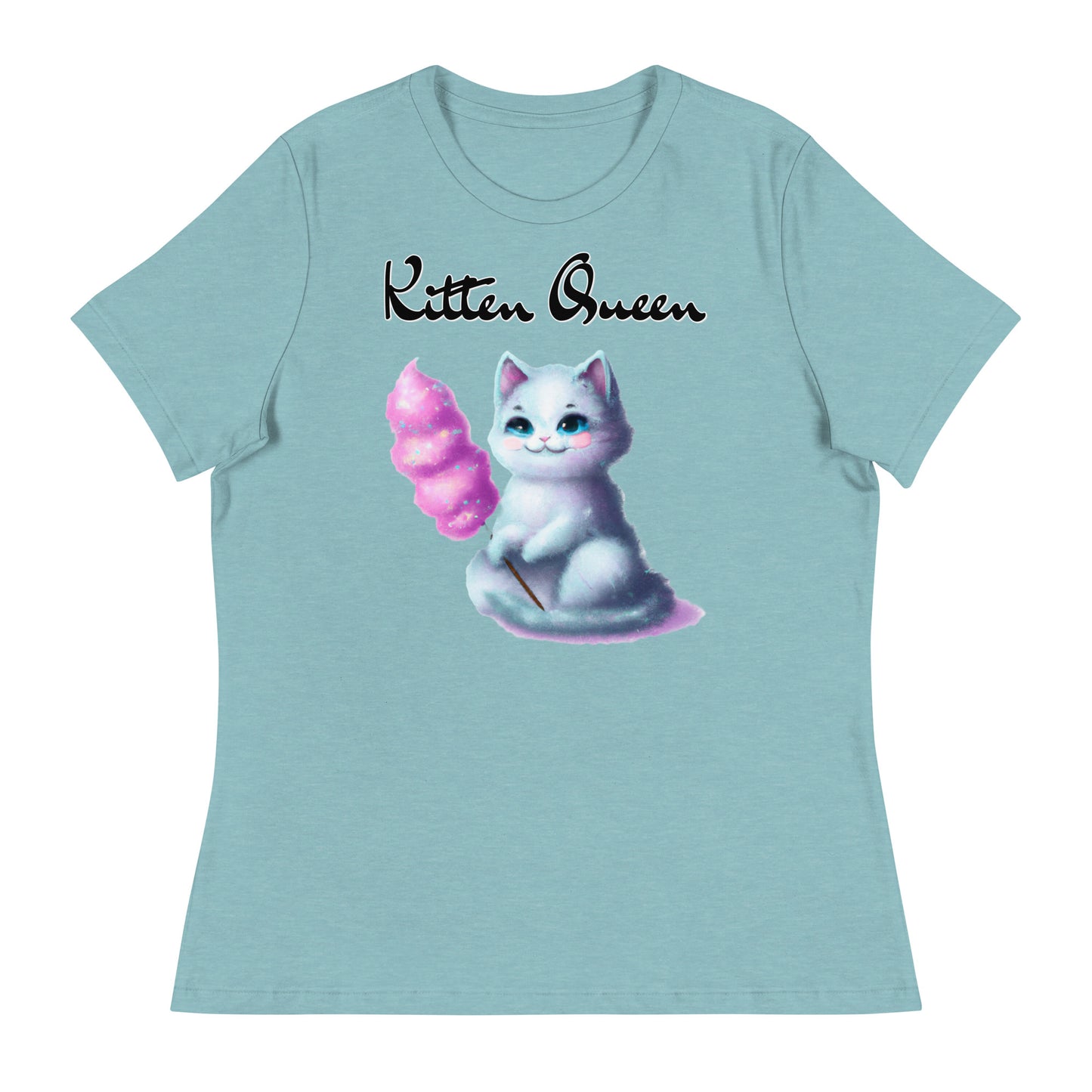 Women's T-Shirt with Kitten Holding A Cotton Candy with a text "Kitten Queen" at $25.97 found at Personalizedpetlovergifts