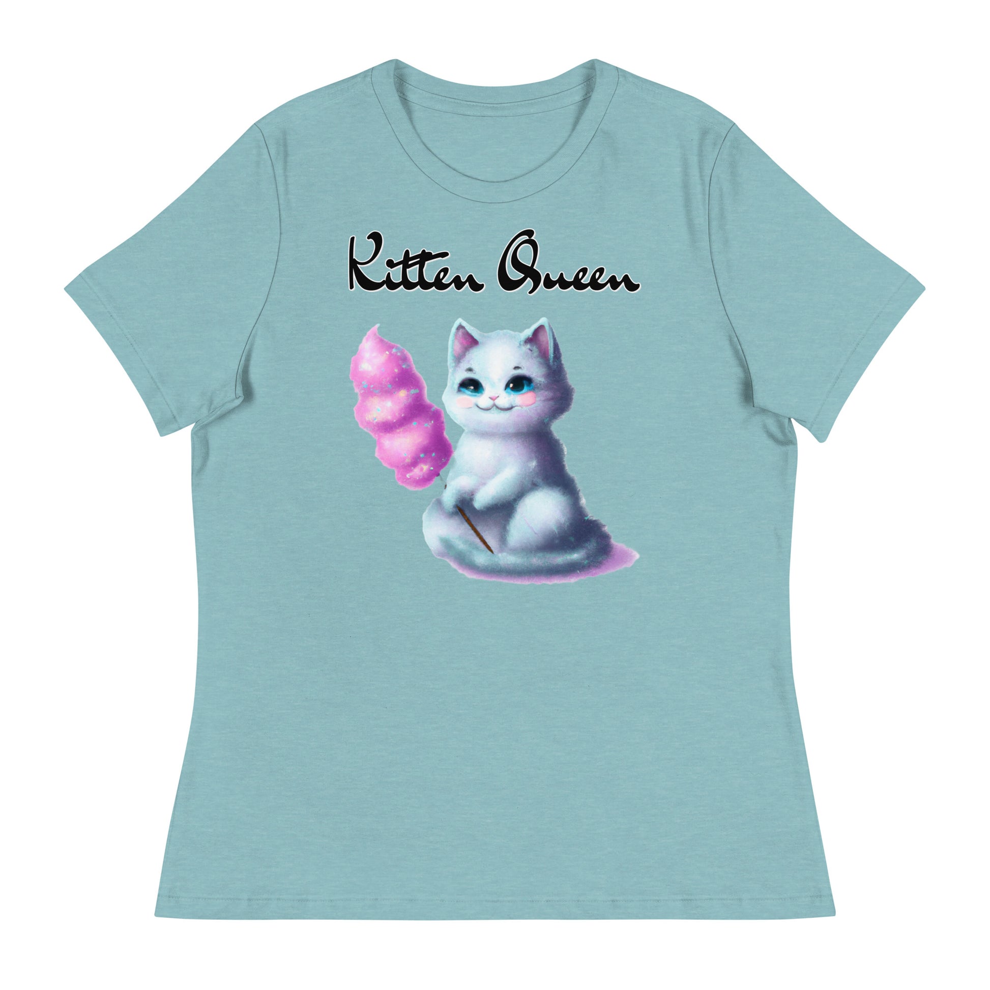 Women's T-Shirt with Kitten Holding A Cotton Candy with a text "Kitten Queen" at $25.97 found at Personalizedpetlovergifts