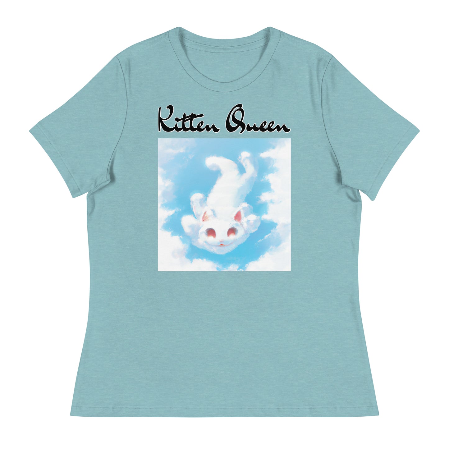 Women's T-Shirt with Kitten Flying In The Sky with a text "Kitten Queen" at $25.97 found at Personalizedpetlovergifts