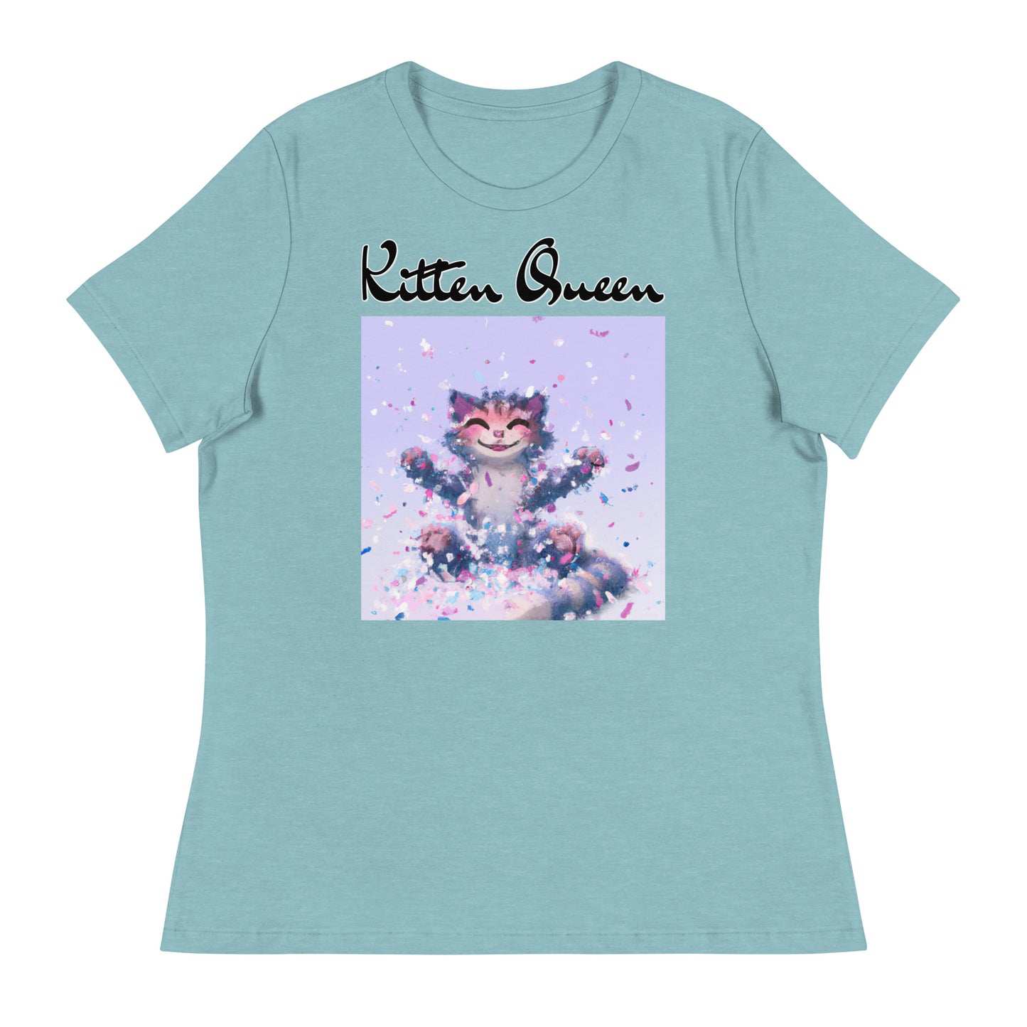 Women's T-Shirt with Kitten Enjoying Confetti with a text "Kitten Queen" at $25.97 found at Personalizedpetlovergifts