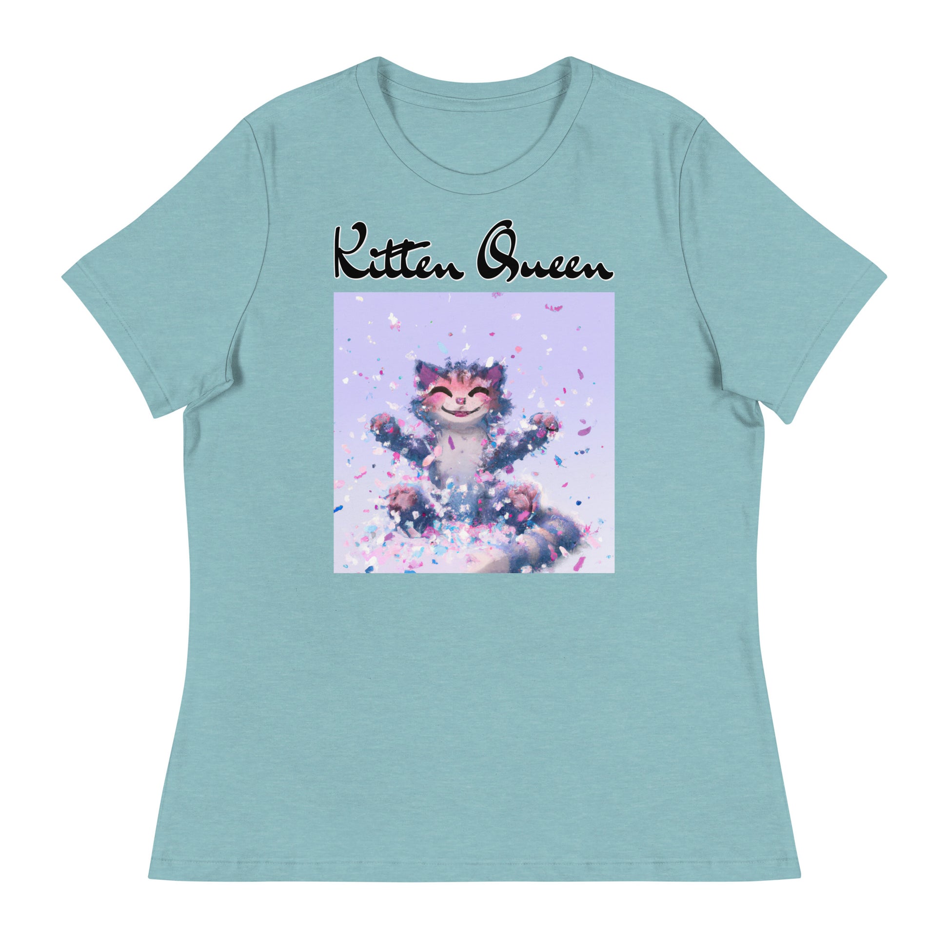 Women's T-Shirt with Kitten Enjoying Confetti with a text "Kitten Queen" at $25.97 found at Personalizedpetlovergifts