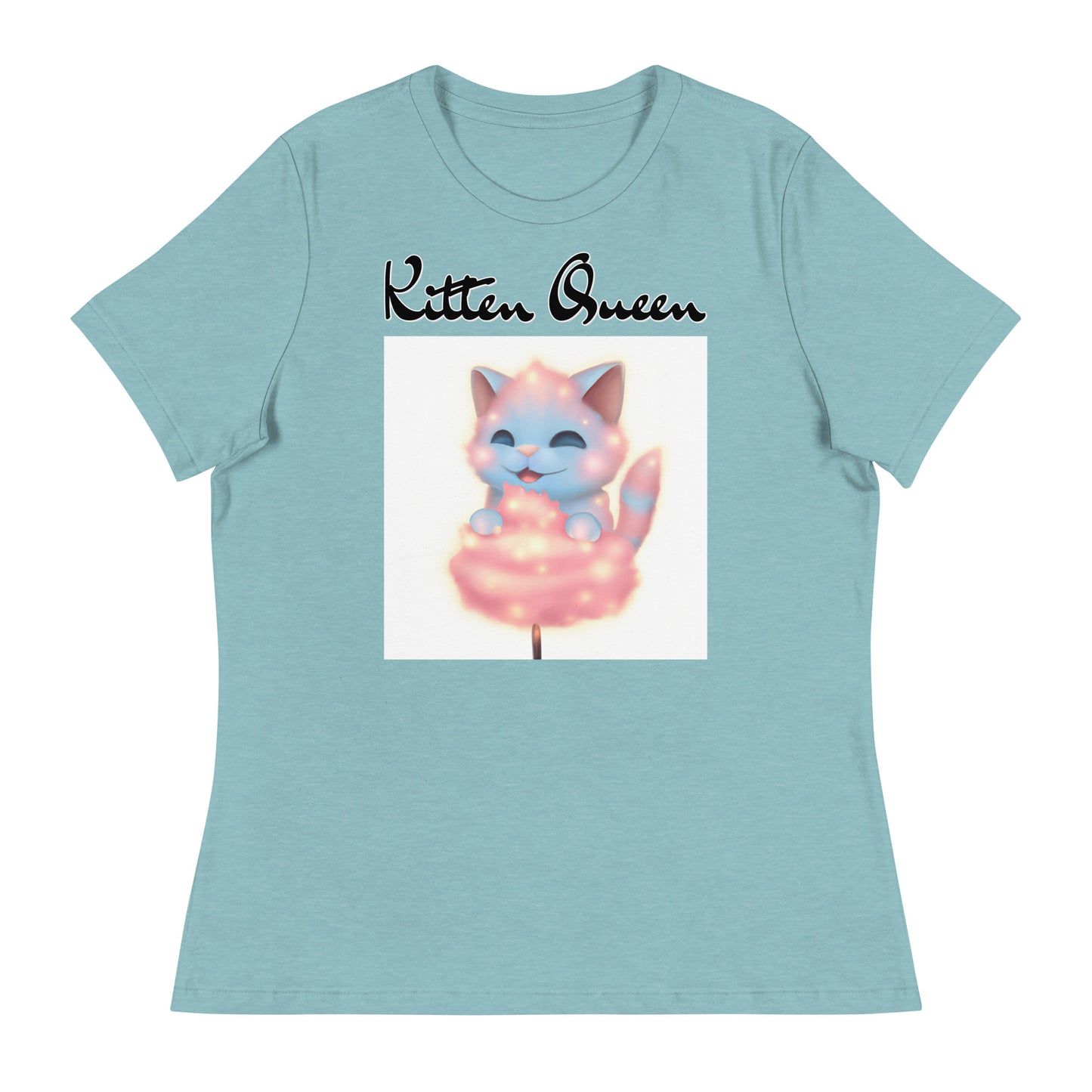 Women's T-Shirt with Kitten Enjoying a Cotton Candy with a text "Kitten Queen" at $25.97 found at Personalizedpetlovergifts